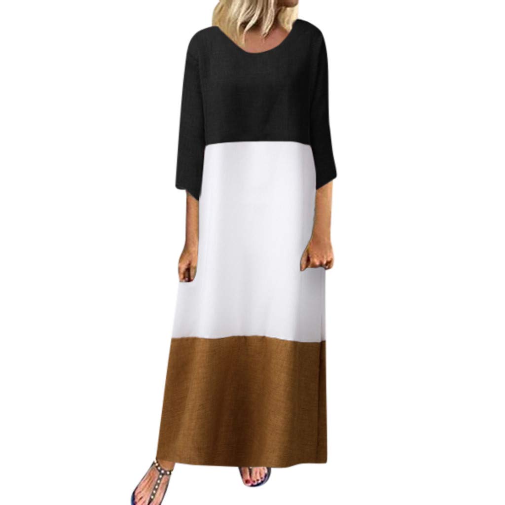 Vintage Patchwork Maxi Dress for Women - Long Summer Boho Dresses with 3/4 Sleeves, Plus Size Flowy Beach Dress for Vacation, Music Festival & Casual Outings