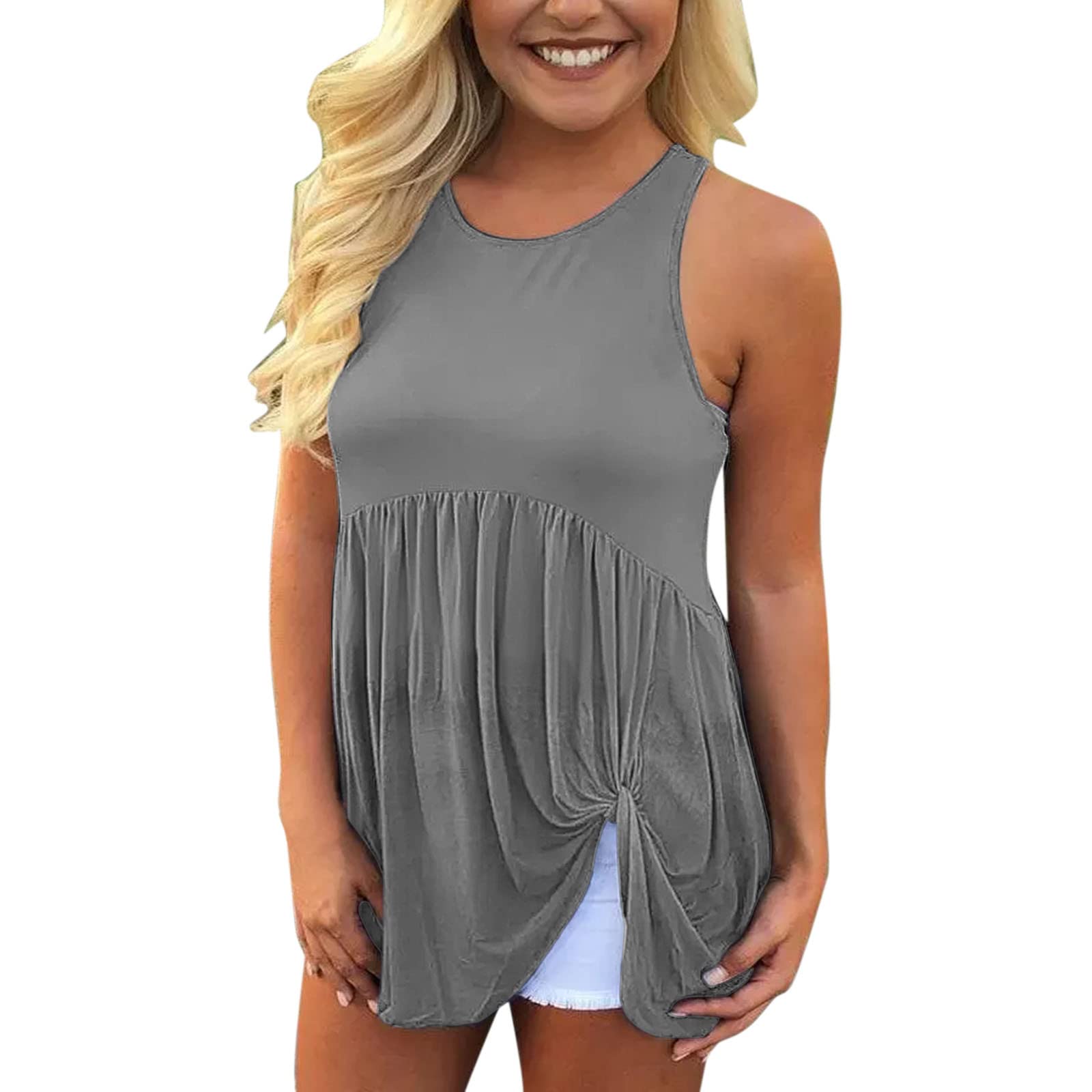 Boho Women's Casual Tops - Round Neck Solid Loose Blouse with Ruffled Twist Detail | Perfect for Summer Outfits, Beach Wear & Festival Fashion