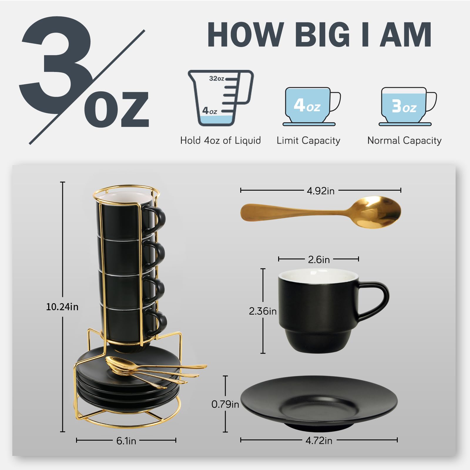 Lareina 4-Piece Espresso Cup Set with Saucers, Spoons & Metal Stand - 3oz Stackable Ceramic Demitasse Mugs for Nespresso, Black - Perfect for Home, Office & Coffee Shops