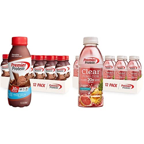 Premier Protein Chocolate Protein Shake & Clear Tropical Punch Drink - 30g & 20g Protein, Low Sugar, 24 Vitamins - Perfect for Post-Workout Recovery & Healthy On-the-Go Snacking