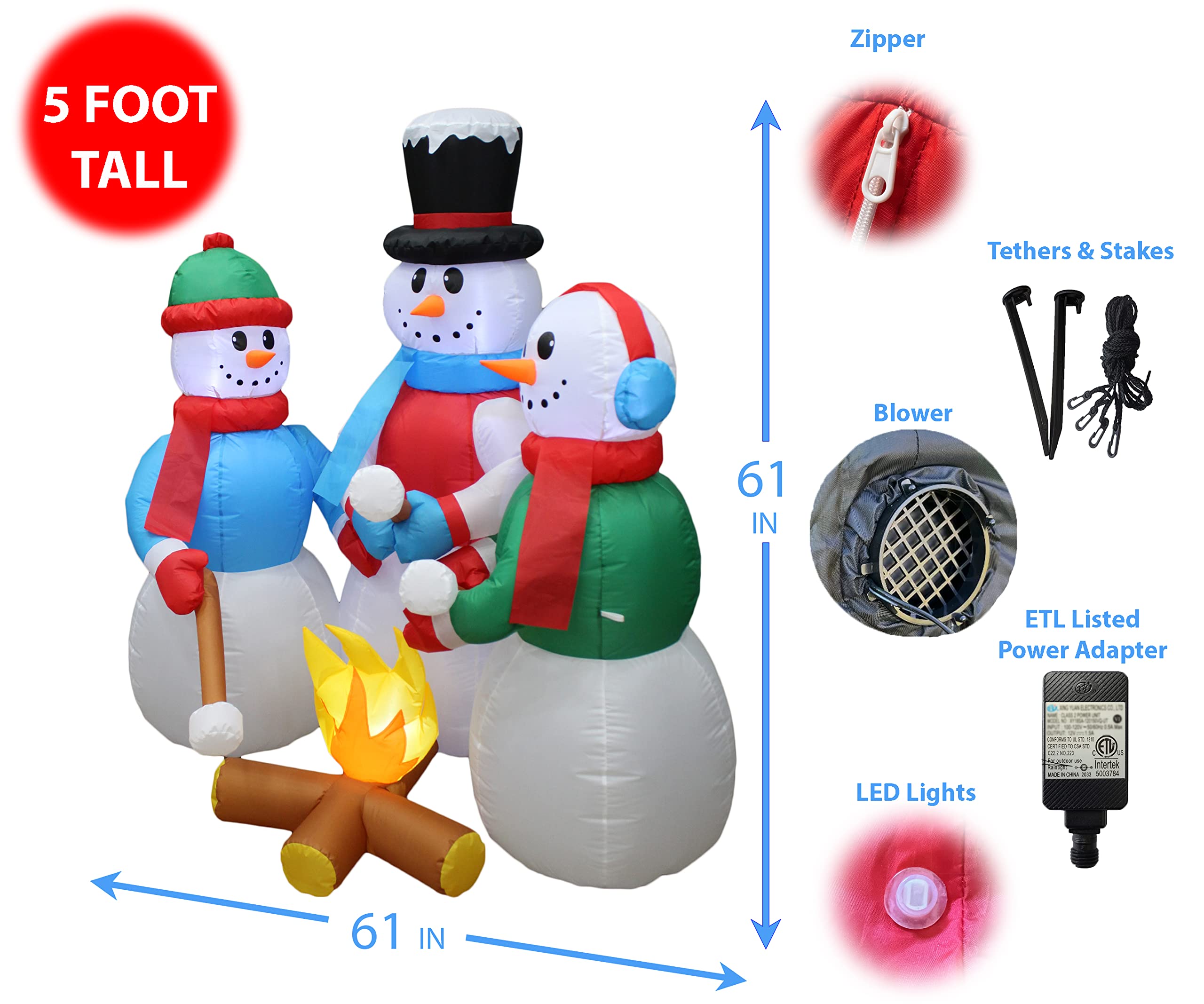 4ft & 5ft Christmas Inflatable Snowman Decorations Set - Snow Globe & Camping Scene with Marshmallow Roasting - Perfect for Outdoor Yard Decor, Holiday Parties & Festive Home Displays