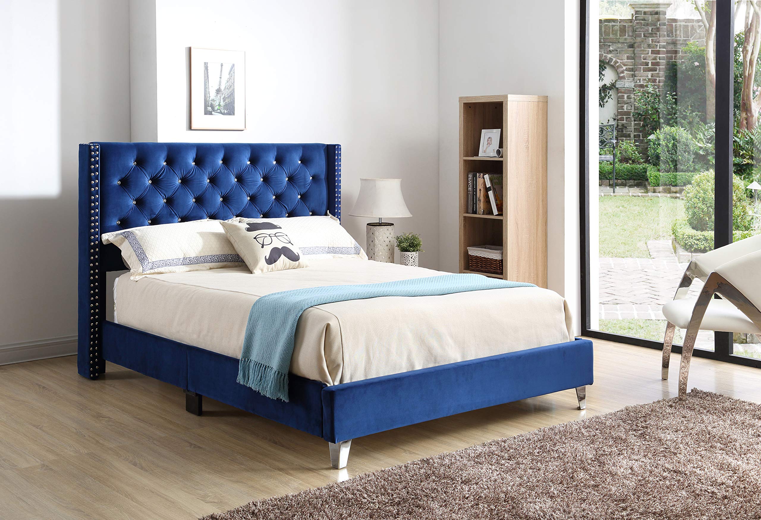 Glory Furniture Upholstered Queen Size Bed Frame - Navy Blue Fabric Headboard | Modern Bedroom Furniture for Master & Guest Rooms