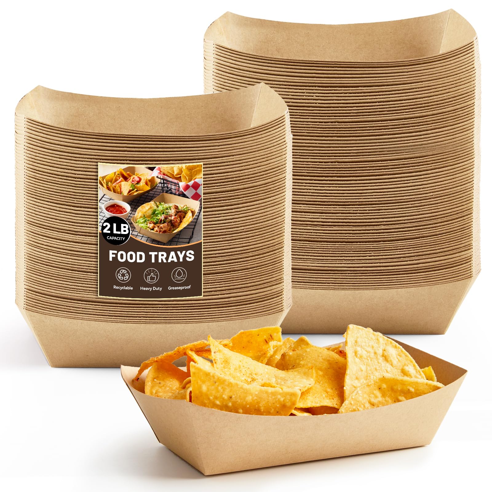 2 Lb Disposable Paper Food Trays - 100 Pack Brown Nacho Serving Boats for Party Snacks, Hot Dogs, Tacos & Fries | Eco-Friendly Takeout Containers for Restaurants, Catering & Picnics