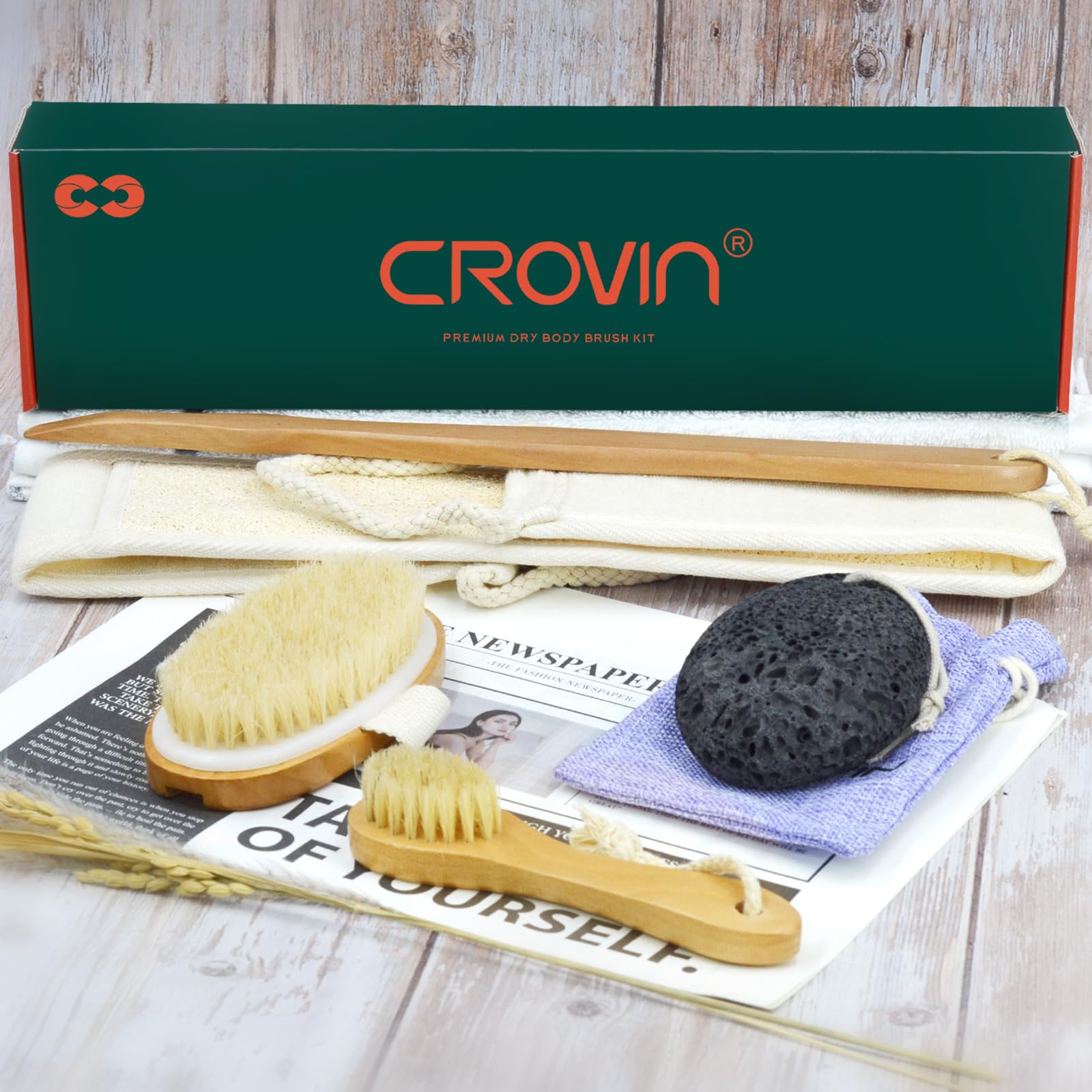 Natural Boar Bristle Dry Body Brush for Exfoliation & Cellulite - Spa Quality Bath Brush Set with Loofah, Face Brush & Pumice Stone - Perfect for Dry Brushing, Shower Exfoliation & Self-Care Routine (5-Piece Set)