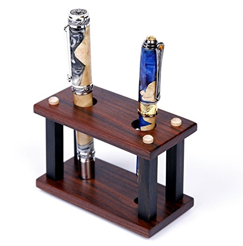 Premium Lanier Rosewood & Ebony Wooden Pen Stand Holder - 2 Pen Display for Office Desk, Writing Station & Gift for Pen Collectors