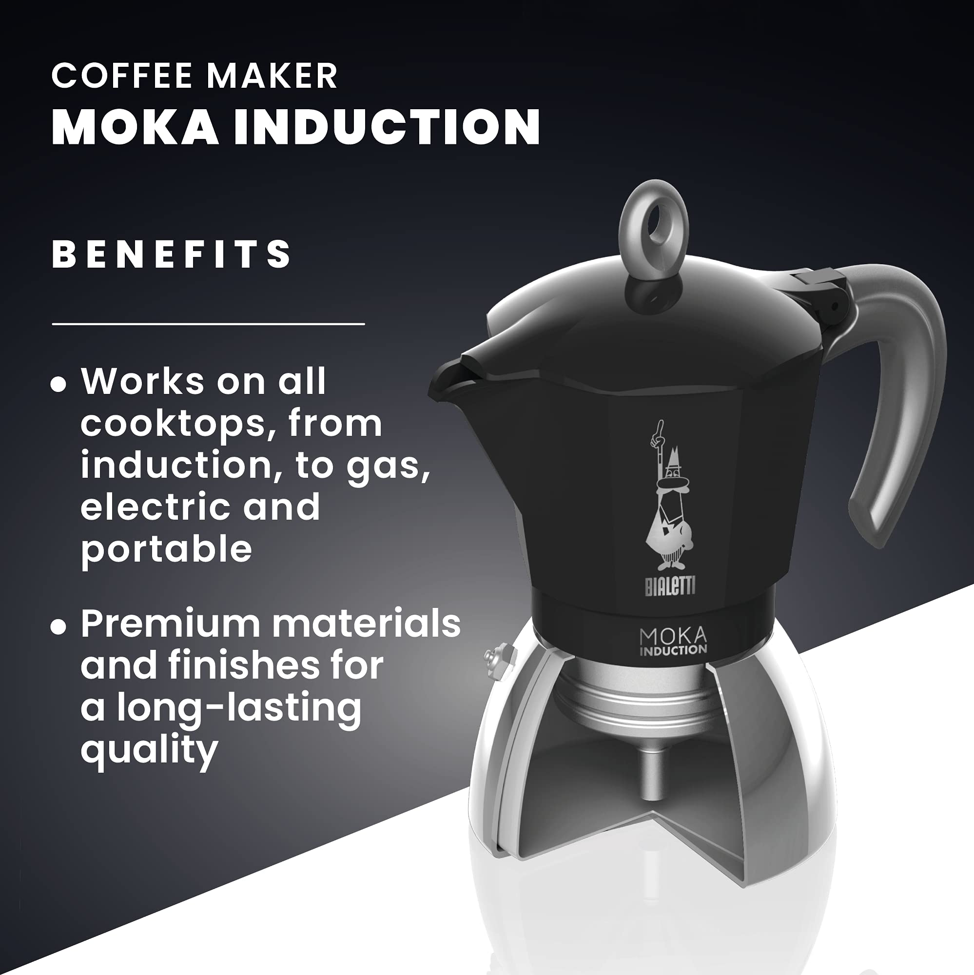 Bialetti New Moka Induction Coffee Maker Pot - 6 Cup (280ml) Aluminum Stovetop Espresso Maker, Black - Compatible with Induction & Gas Stoves - Italian Made - Perfect for Home, Office & Camping Coffee Brewing