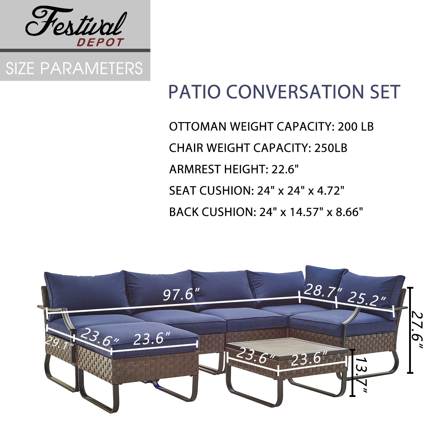 7-Piece Outdoor Patio Furniture Set - All-Weather Wicker Conversation Sofa with Coffee Table & Removable Cushions (Blue) - Perfect for Backyard, Garden, Poolside and Deck Relaxation