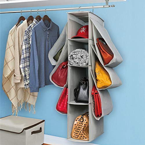 10-Pocket Hanging Purse Organizer for Closet - Nonwoven Handbag Storage Solution with Durable Hooks - Perfect for Bedroom, Closet & Travel Organization (Light Grey)