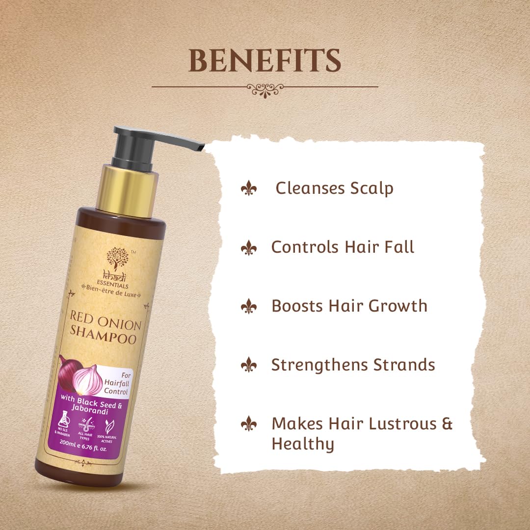 Khadi Essentials Luxurious Black Seed Oil & Red Onion Hair Shampoo 200ml - Natural Hair Growth Treatment for Hair Loss Control with Jaborandi & Vitamin E | SLS & Paraben Free | Revitalizes Thin & Damaged Hair for Daily Nourishment