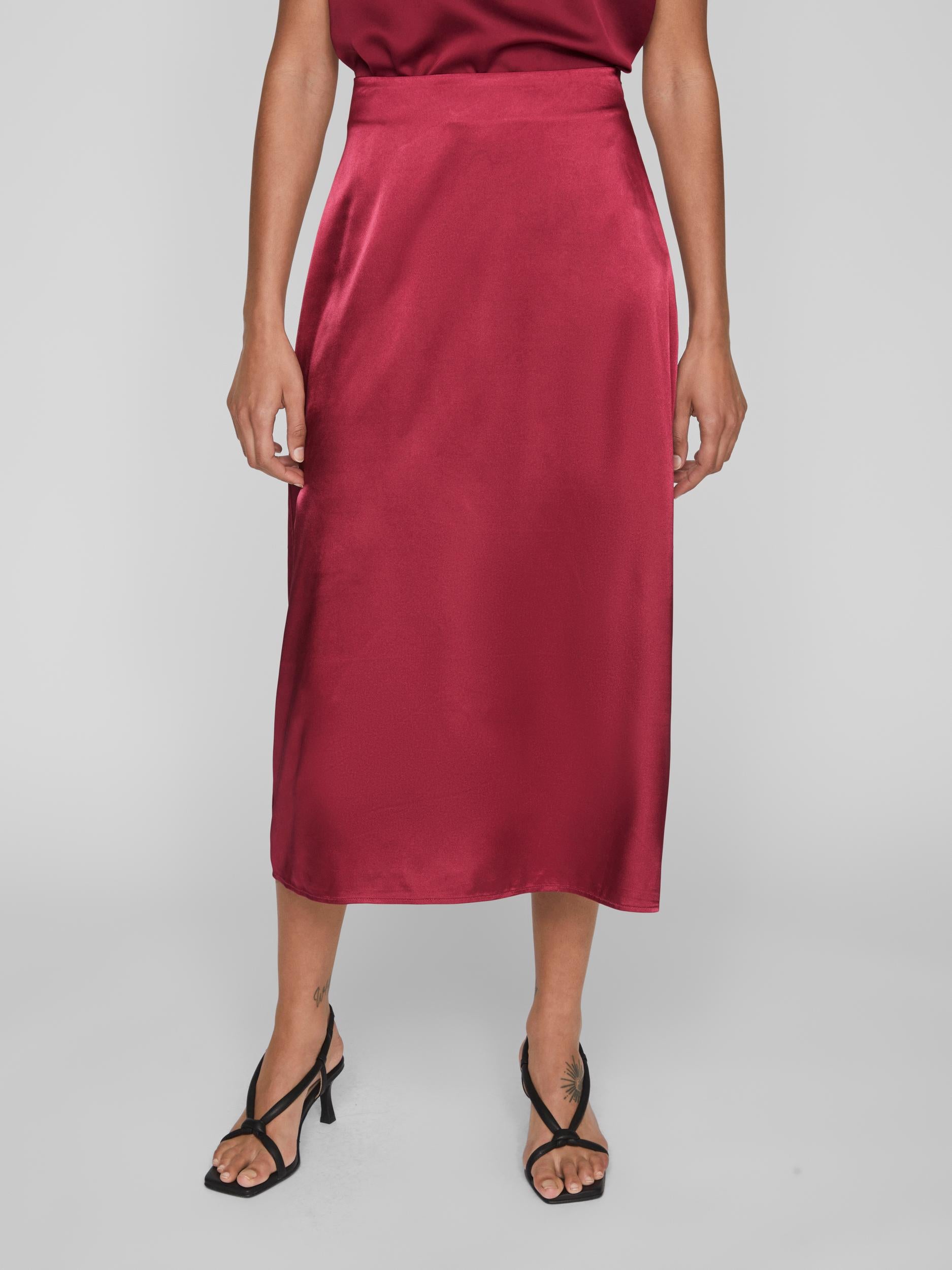 HIMA High Waisted Skirt for Women - Beet Red A-Line Midi Skirt with Pockets | Perfect for Office, Date Night & Summer Outfits