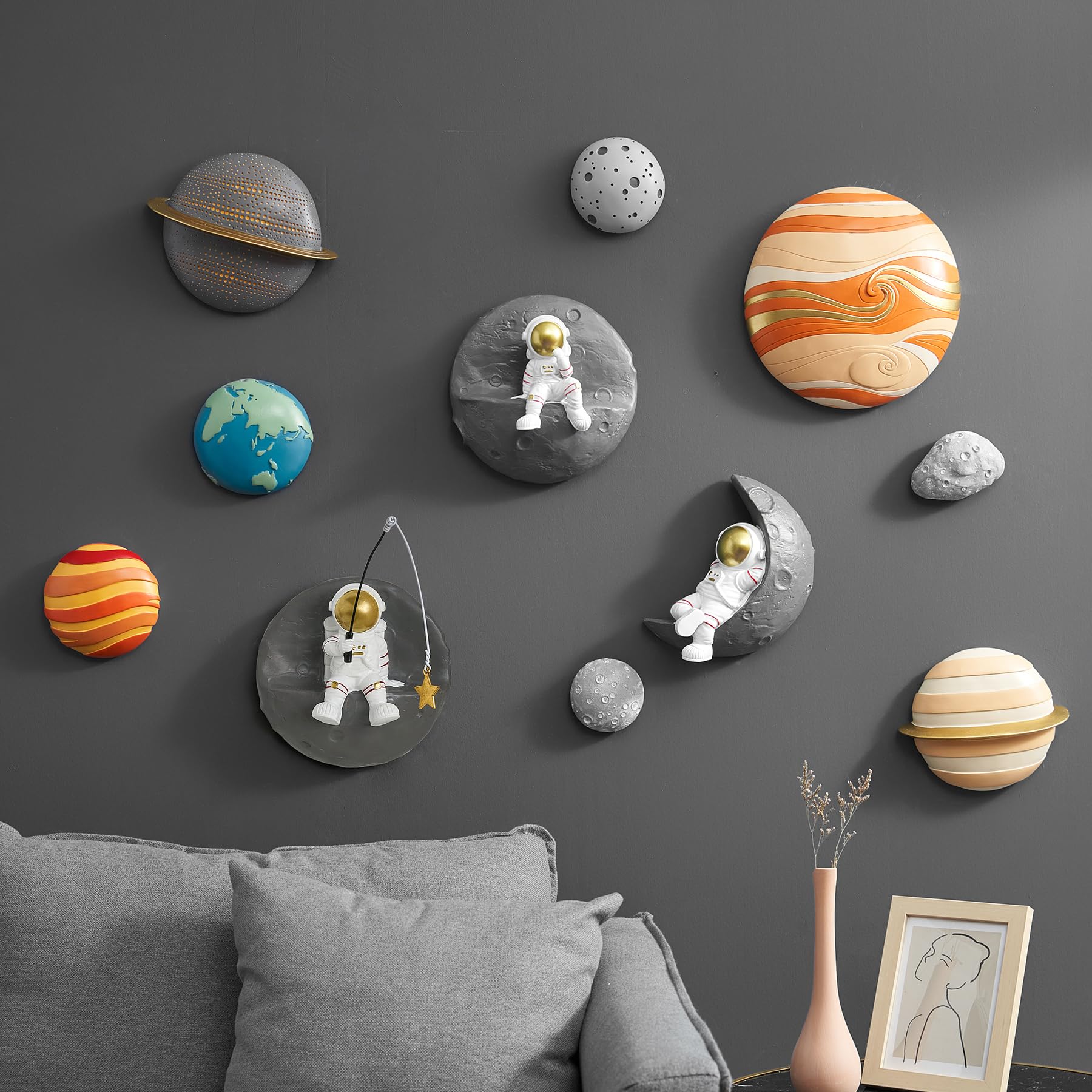 3D Astronaut Wall Sculpture Decor Set - Modern Space Theme Home Decor for Living Room, Bedroom & Kids Room | Unique 3D Wall Art for Sofa Background & Outer Space Themed Nursery Decor