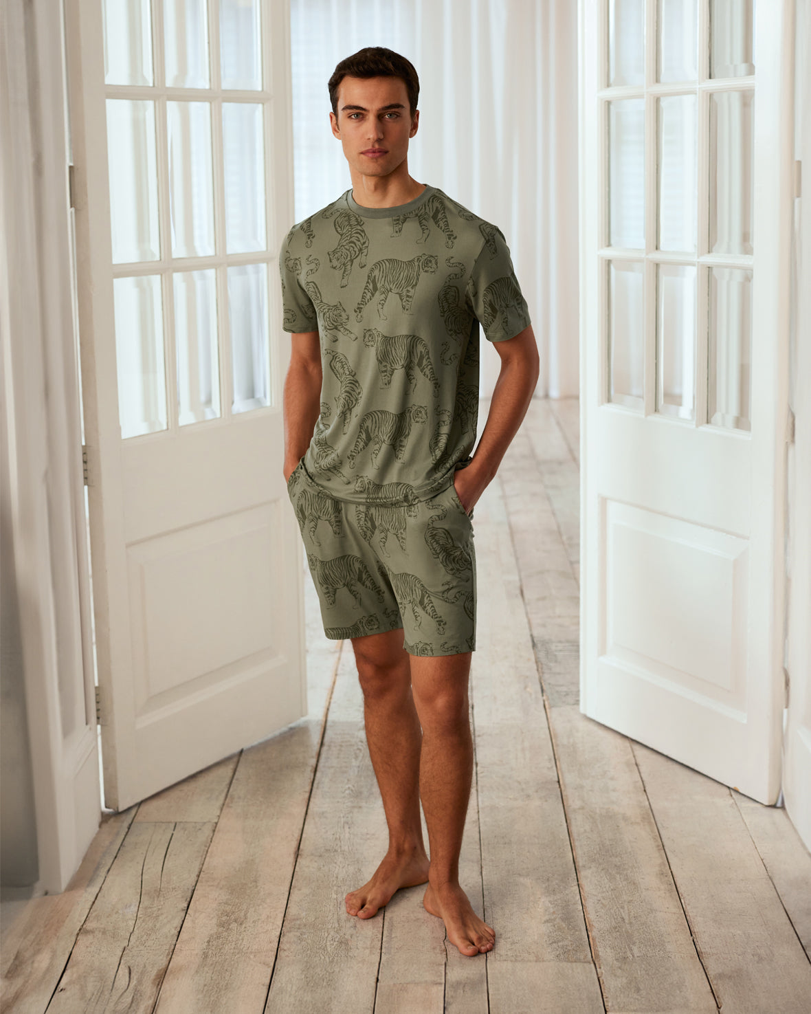 Tiger Print Short Pajama Set for Women - Soft & Comfortable Sleepwear - Sage Green - Perfect for Summer Nights & Lounging at Home