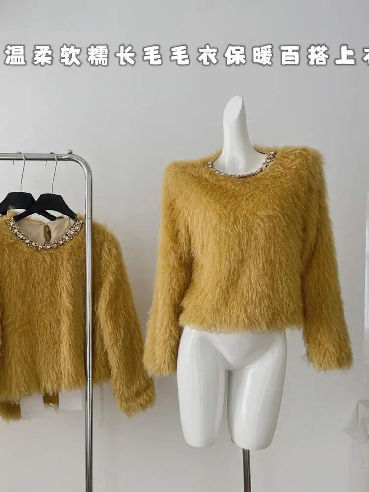 2024 Korean Style Women's Yellow Diamond Round Neck Short Mink Sweater - Warm Winter Casual Tops for Elegant Vacation & Daily Wear | Cozy Fall/Winter Fashion Outfit