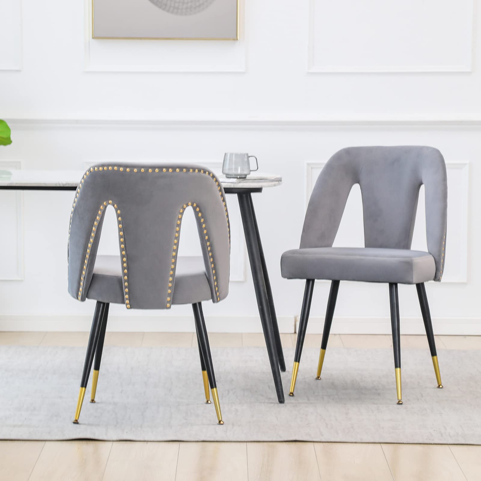 2-Piece Velvet Dining Chair Set with Gold-Tipped Black Metal Legs & Nailhead Trim - Modern Hollow Back Accent Chairs for Living Room, Bedroom, Kitchen - Gray Upholstered Seating for Home Decor & Entertaining