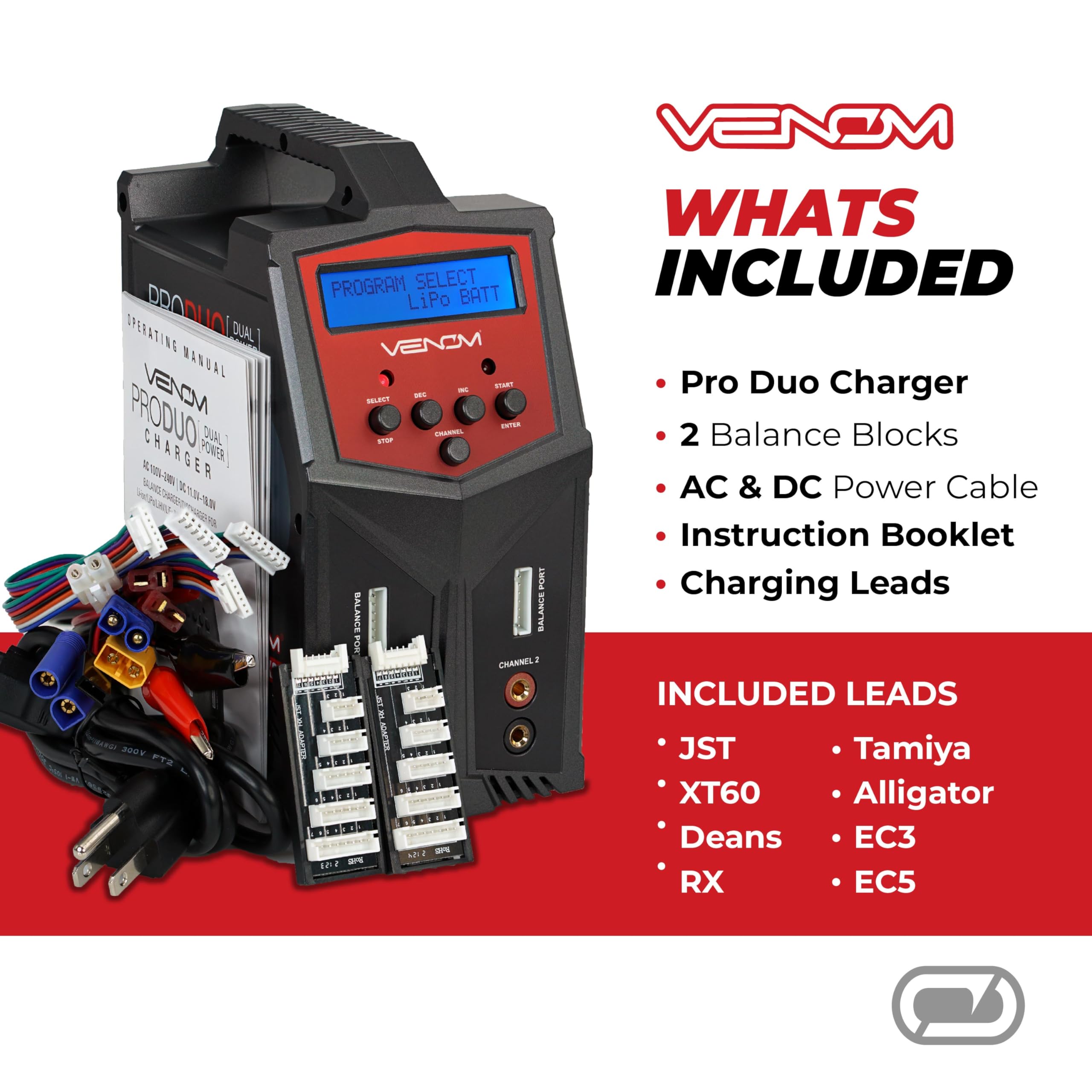 Venom Power Pro Duo LiPo Battery Charger - LCD Display with Charging Cables - Balance Charger & Discharger for LiPo, LiHV, Li-Ion, LiFe, NiMH, NiCd, Pb Batteries (1S-6S) - Perfect for Drones, RC Cars, Airplanes & Hobby Vehicles - Fast Charging & Safe Power Supply