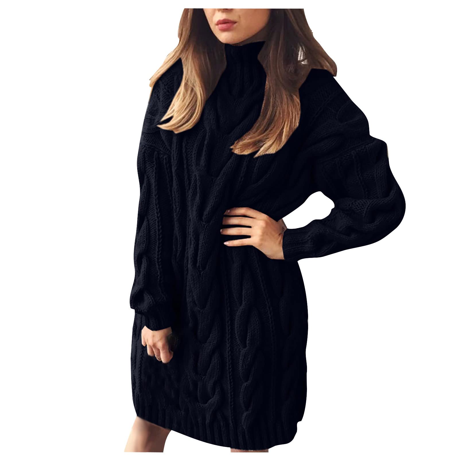 FOVIGUO Women's Casual Turtleneck Long Sleeve Knit Sweater Dress - Solid Color Waffle Knit Knee-Length Dress for Fall Winter | Perfect for Office, Date Night and Holiday Outfits