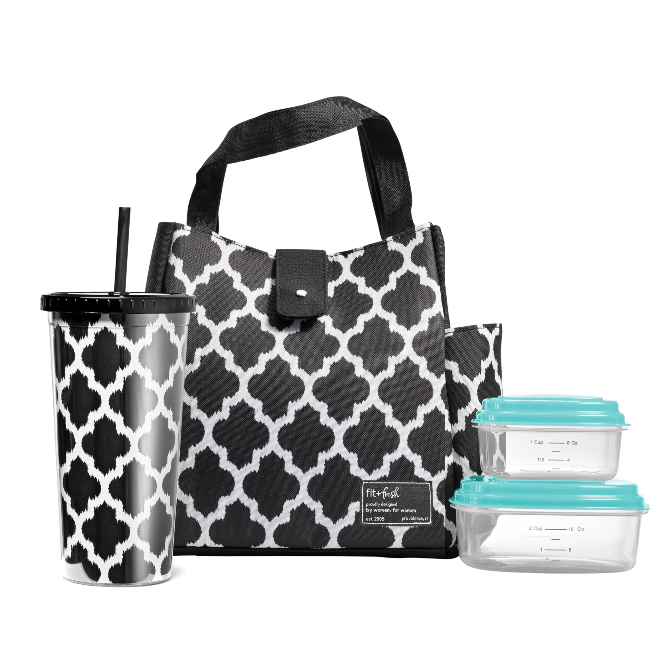Fit & Fresh Insulated Lunch Bag for Women - Leakproof, Stain-Resistant Large Lunch Box with Containers & Matching Tumbler - Perfect for Work, Office, School & Picnics - Westport Bag in Black/White