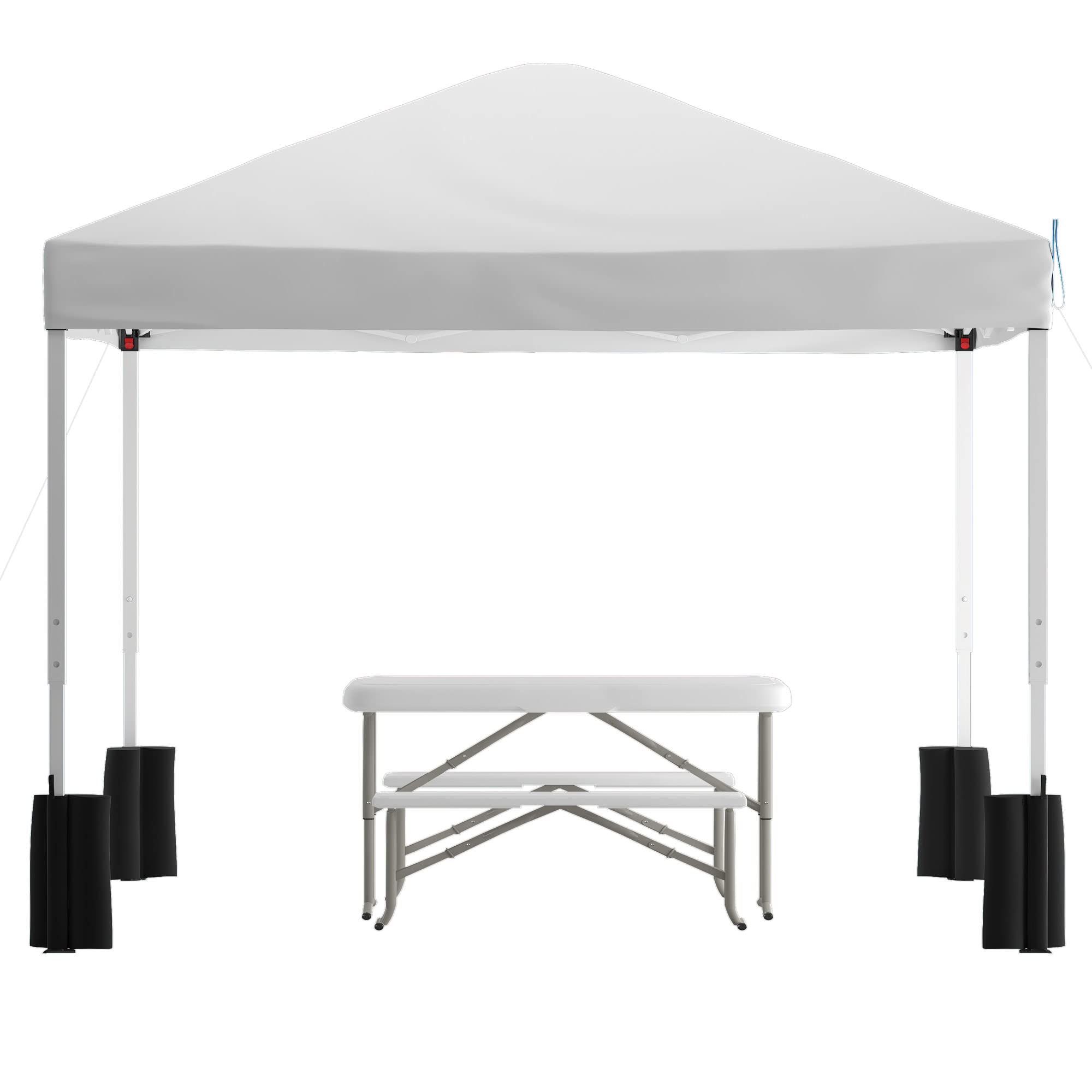 Flash Furniture Harris 10'x10' White Pop Up Canopy Tent with Wheeled Carry Case & Folding Bench Set - Portable Outdoor Shelter for Tailgate Parties, Camping Trips, Beach Events & Backyard Gatherings
