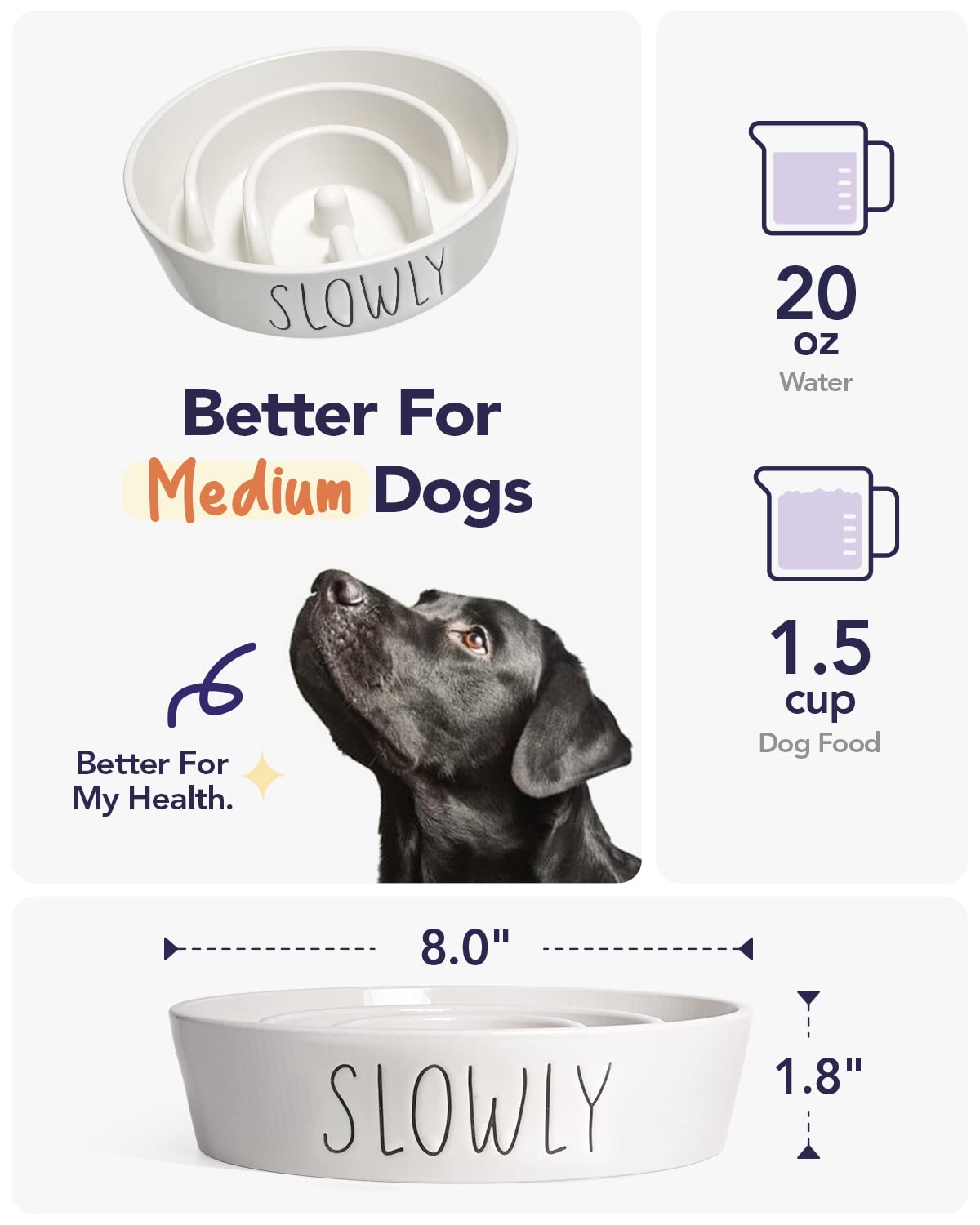 Slow Feeder Dog Bowl - 1.5 Cup Ceramic Puzzle Feeder for Small & Medium Dogs | Maze Design Food Bowl for Puppies & Fast Eaters | White Pet Dish to Control Eating Speed | Perfect for Mealtime Enrichment & Digestion Aid