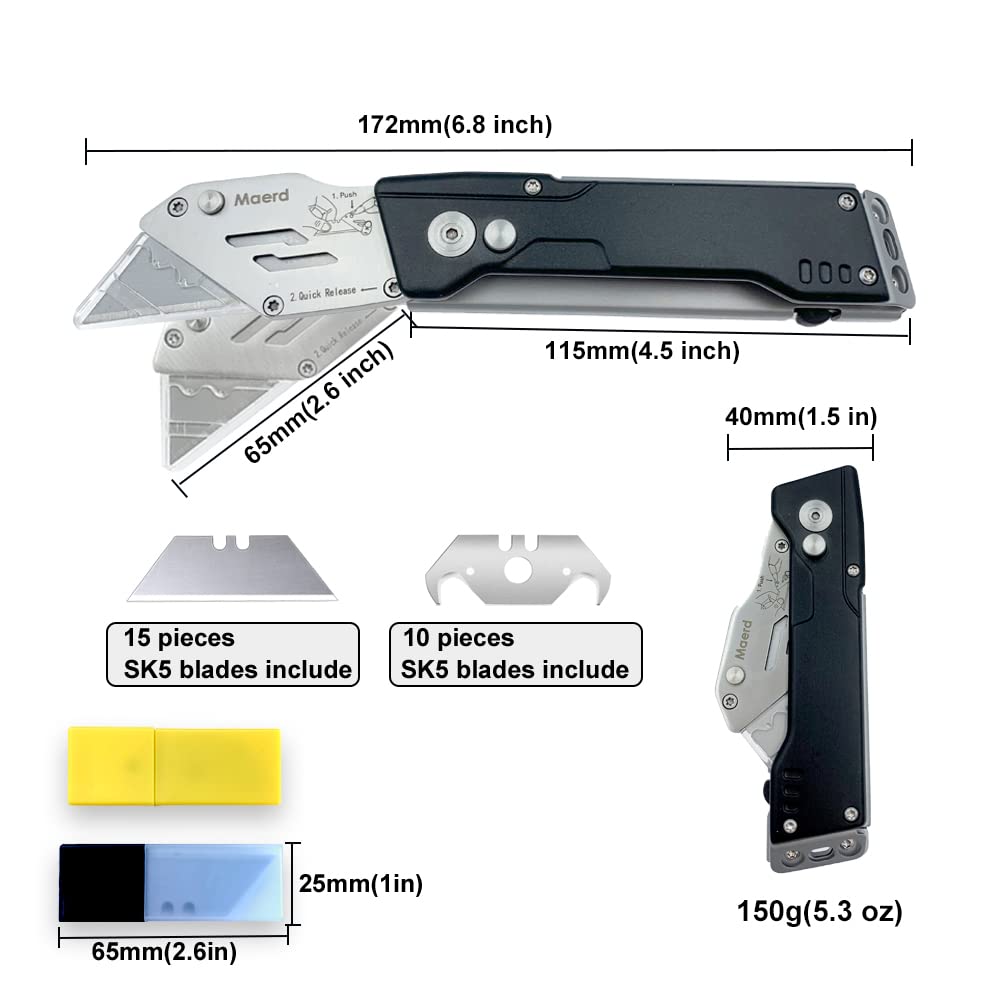 Maerd Heavy Duty Folding Utility Knife - Quick Change Box Cutter with Frame Lock & Blade Storage | Includes 25 Extra Blades | EDC Razor Carpet Work Knife with Belt Clip (Black) | Perfect for Warehouse, Construction, DIY Projects & Outdoor Activities