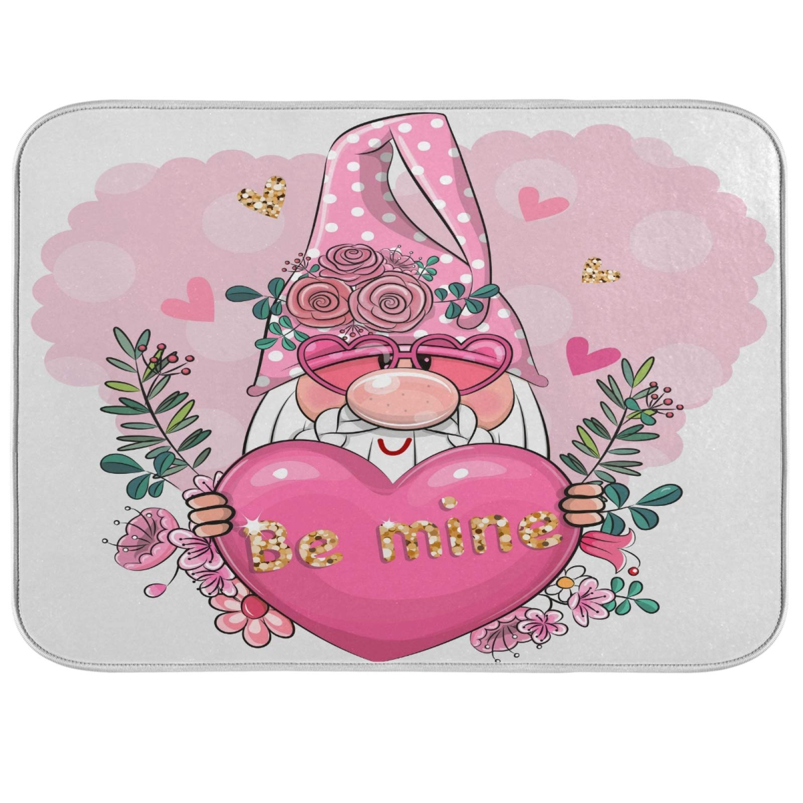 Valentine's Gnome Dish Drying Mat - Pink Heart Absorbent Kitchen Mat (16x18