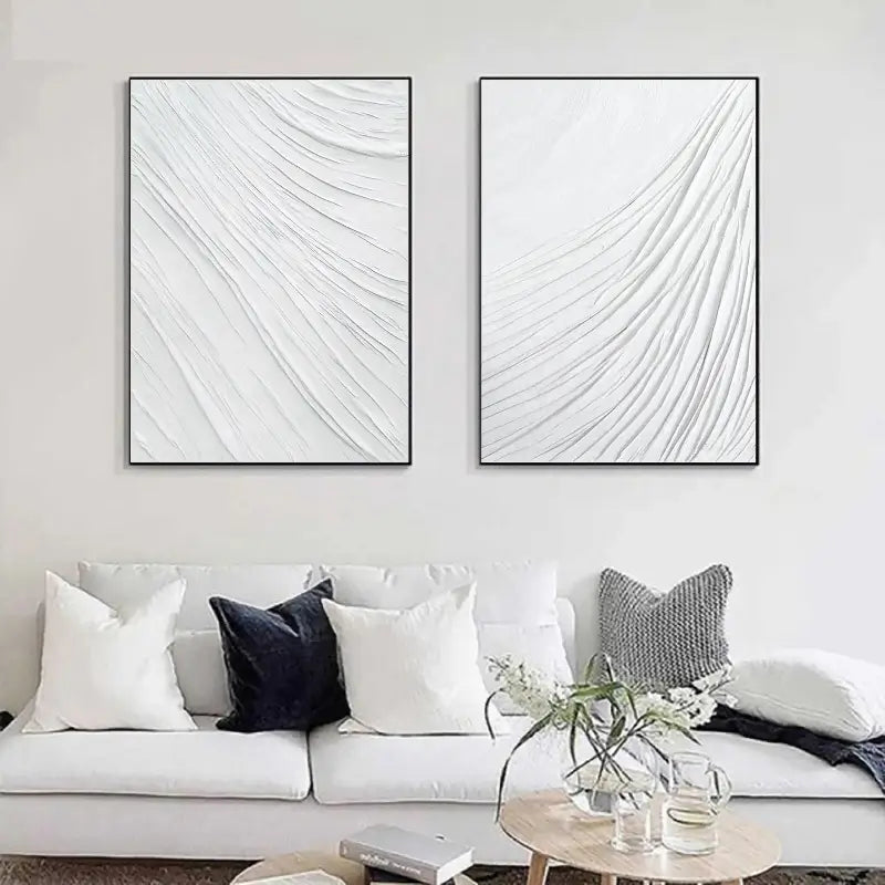 Modern White Minimalist Textured Canvas Wall Art Set of 2 - Abstract Handmade Paintings for Living Room, Bedroom & Office Decor | #MM060
