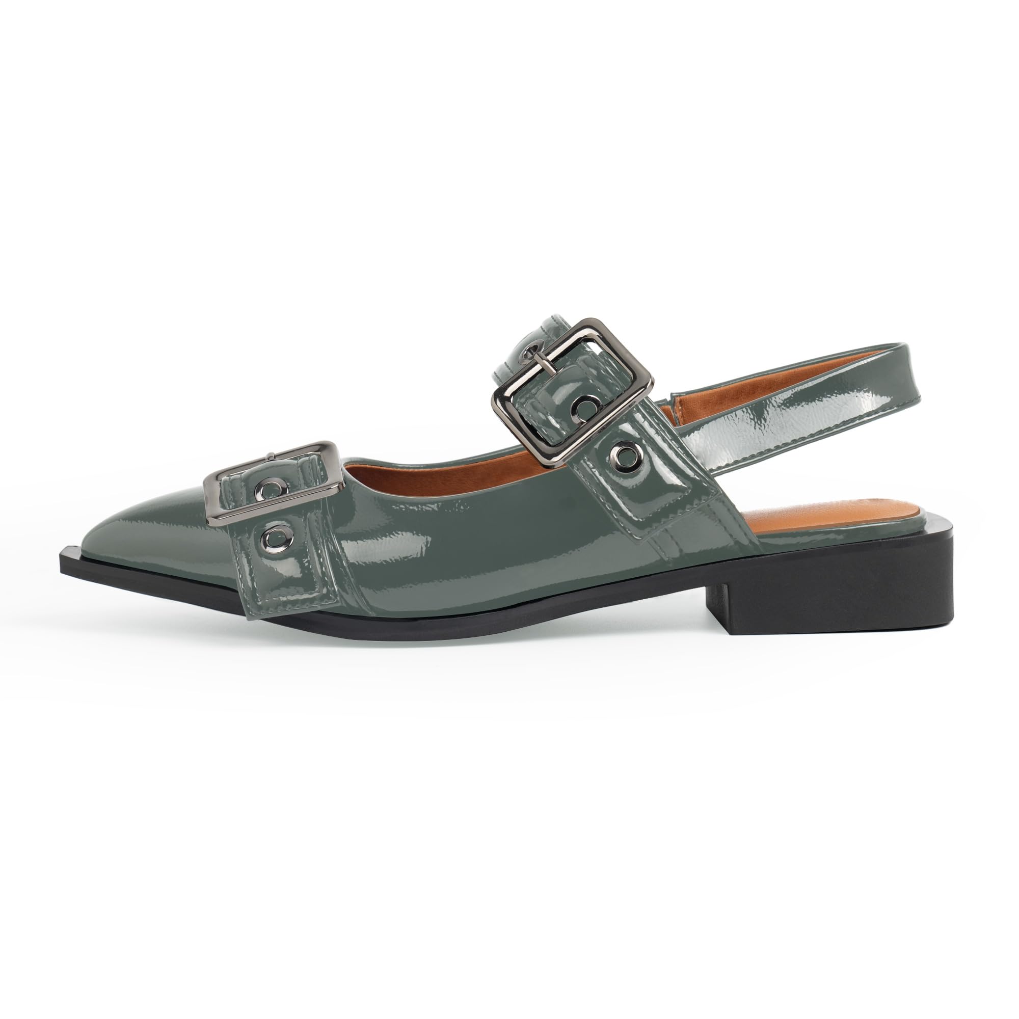 Women's Comfortable Buckle Ballet Flats - Pointed Toe Slingback Shoes with Low Chunky Heel & Patent Leather - Perfect for Parties, Weddings & Office Wear