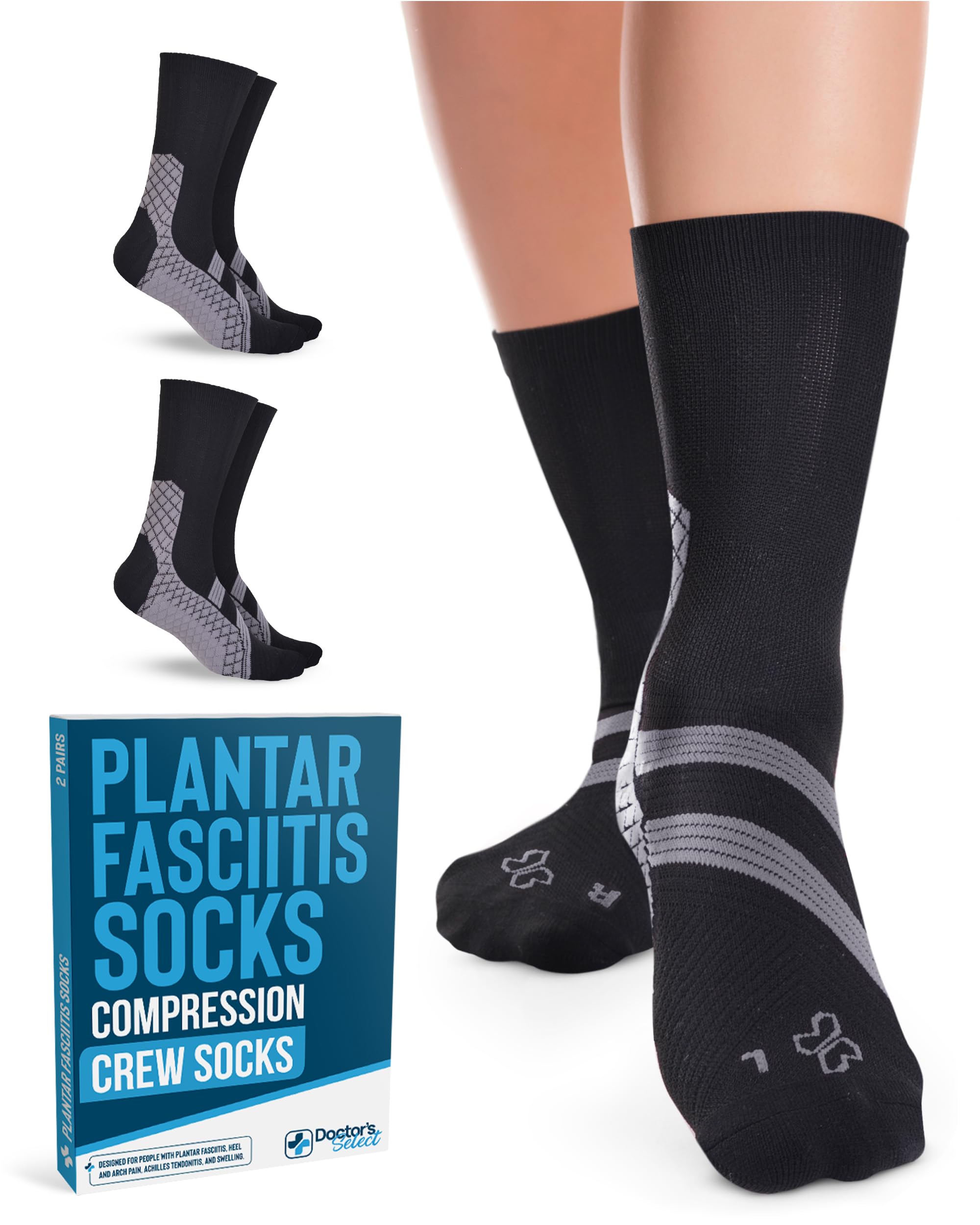 Doctor's Select Plantar Fasciitis Socks - 2 Pairs | Compression Socks for Foot Pain Relief & Arch Support | Plantar Fasciitis Treatment Socks for Running, Walking & Everyday Comfort
