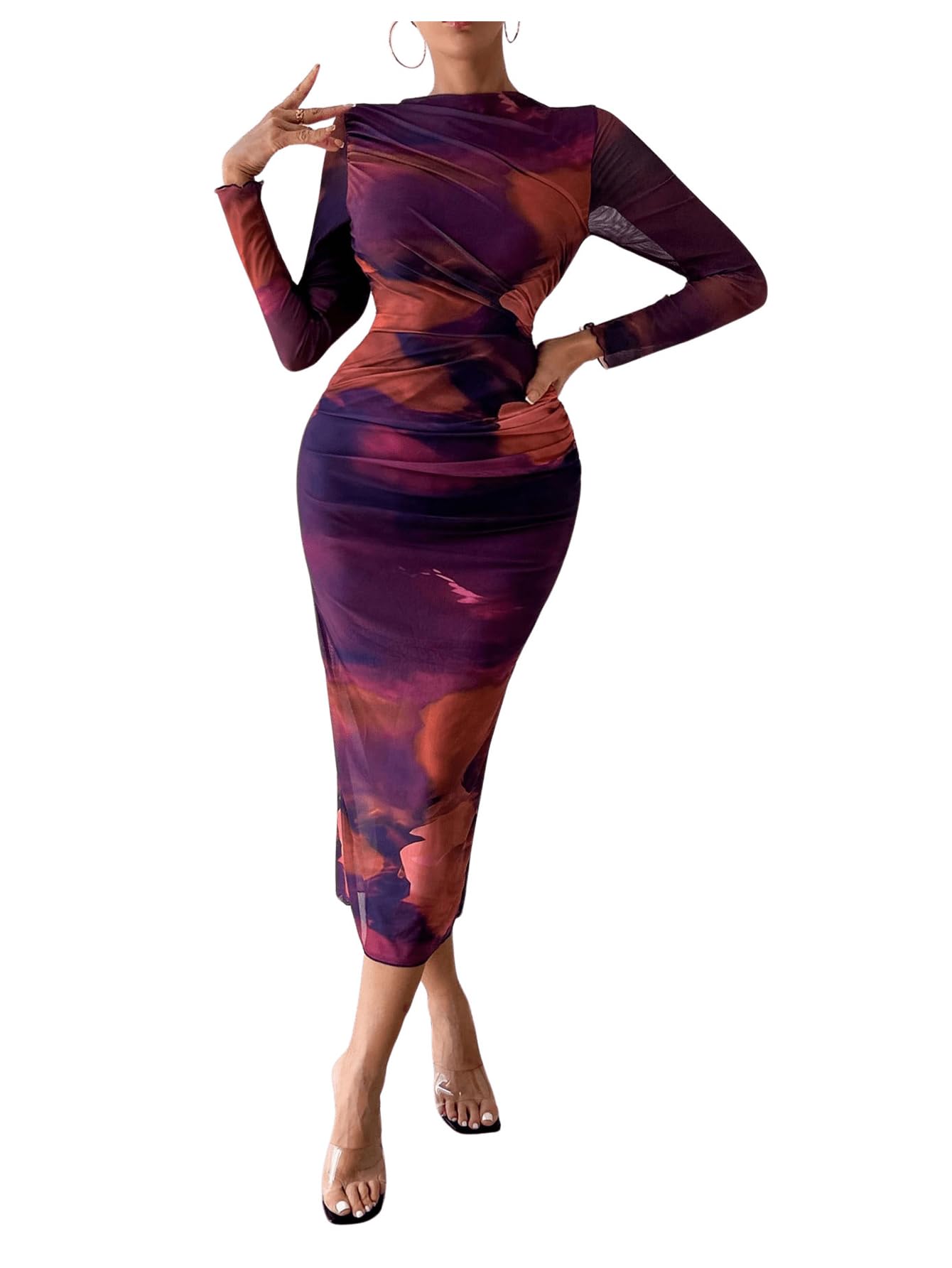 GORGLITTER Women's Ruched Tie Dye Bodycon Dress - Long Sleeve Mock Neck Midi Dress for Party, Club & Evening Wear | Sexy Stretchy Mesh Cocktail Dress