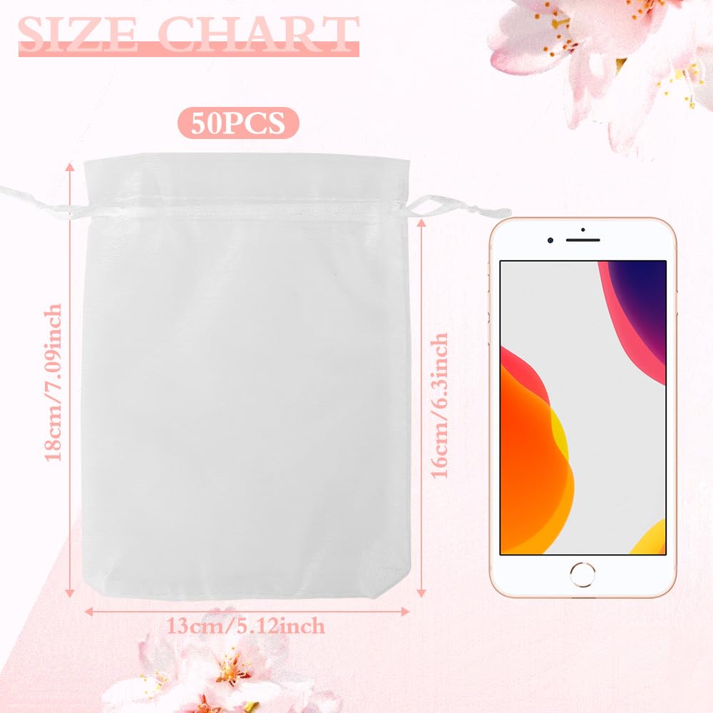 50 Pcs White 5x7 Inch Organza Drawstring Bags - Sheer Mesh Party Favor Bags for Jewelry, Candy & Gifts - Perfect for Weddings, Christmas, Birthdays & Special Events