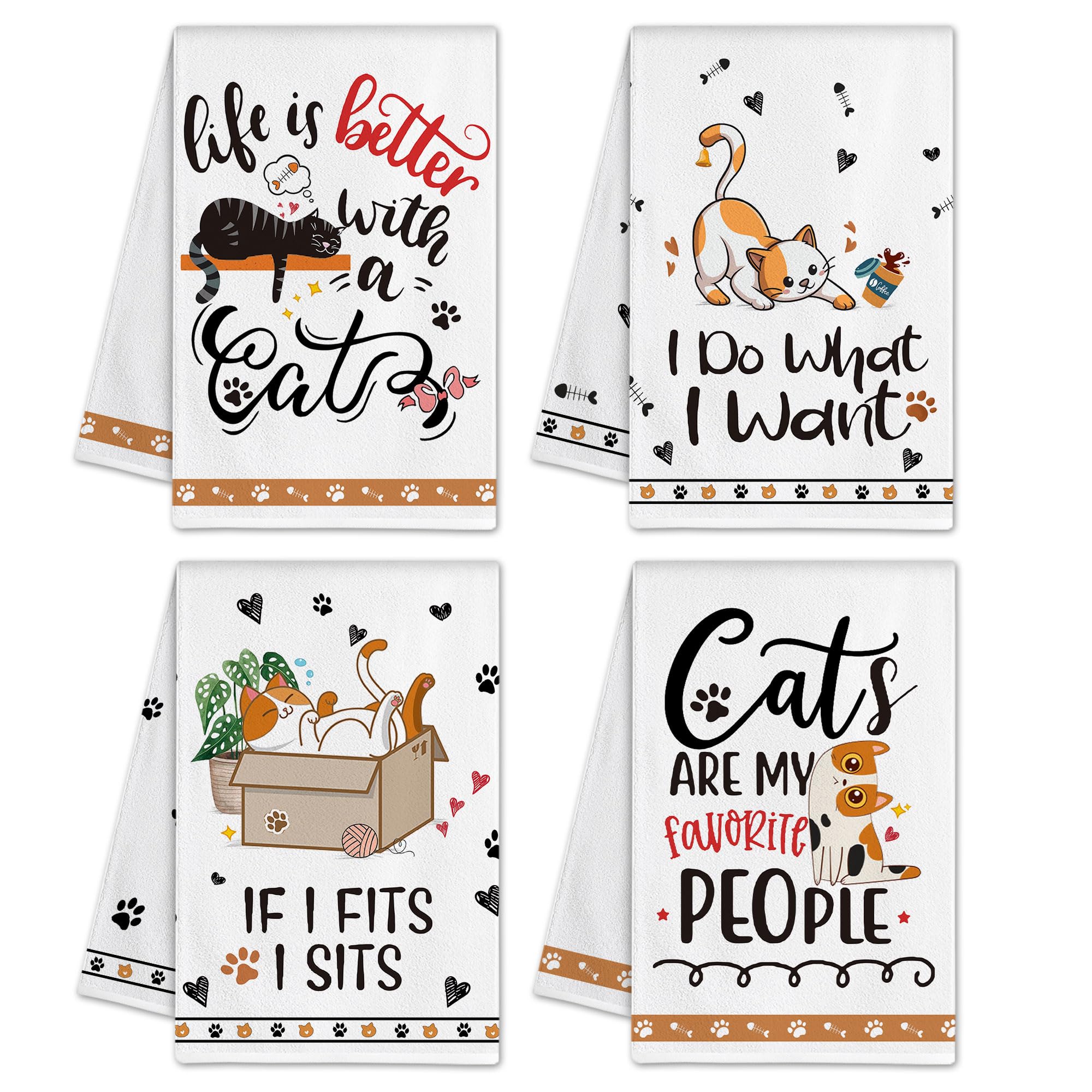 Hexagram Cat Lover Gifts for Women - Set of 4 Funny Cat Kitchen Towels, Cute Cat Tea Towels & Hand Towels - Perfect Cat Mom Gifts, Housewarming Presents & Kitchen Decor - Ideal for Daily Use, Dish Drying & Home Decoration