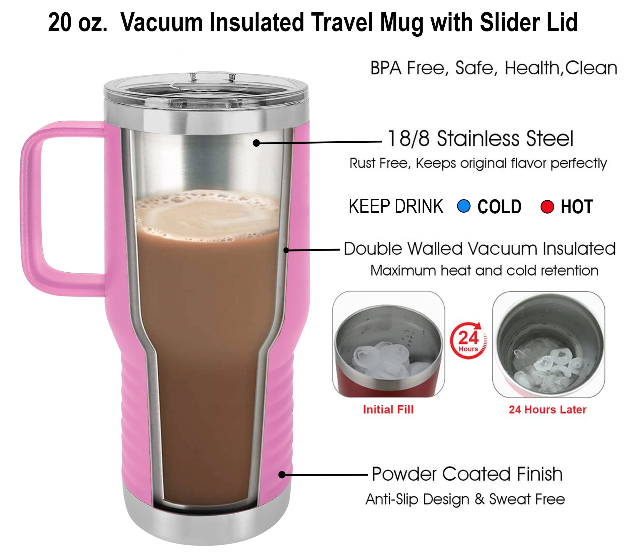 Polar Camel 20 oz Vacuum Insulated Stainless Steel Travel Tumbler with Handle & Slider Lid - Leakproof Coffee Mug for Hot & Cold Drinks - Perfect Gift for Men & Women (Light Purple) - Ideal for Office, Commuting, Camping & Outdoor Activities