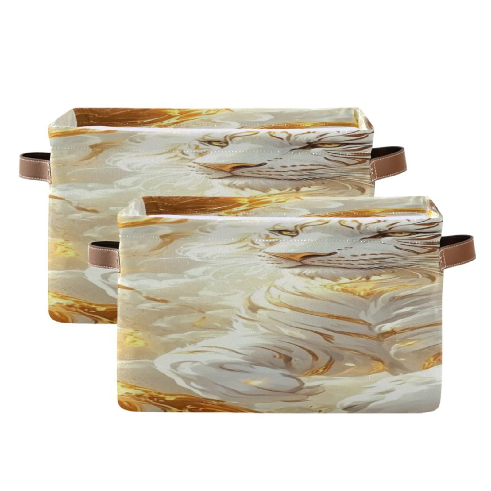 Large Foldable Storage Baskets with Handles - 2 Pack Golden Swirling White Tiger Pattern for Home Organization, Closet & Shelf Storage | Perfect for Bedroom, Bathroom & Kids Room Organization