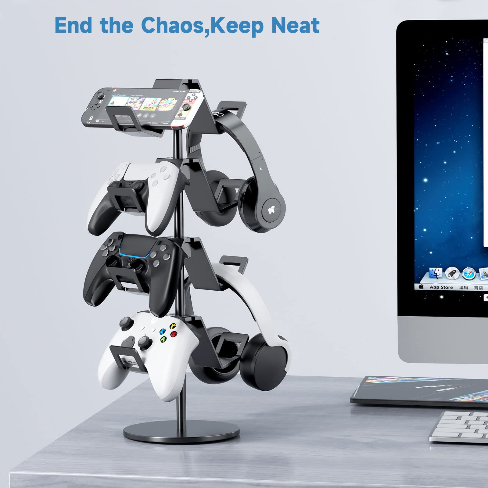 4-Tier Adjustable Controller & Headphone Stand for Xbox PS5 PS4 Switch Pro - Universal Gaming Accessories Organizer with Desk/Floor Mount - Perfect for Gaming Setup & Home Office (Black)