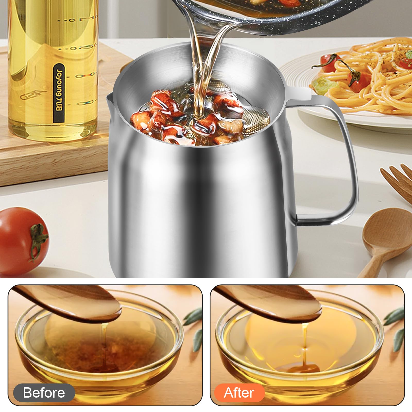 Premium 304 Stainless Steel Oil Filter Pot - 68oz/2L Bacon Grease Container with Fine Mesh Strainer & Frying Basket - Large Capacity Multifunctional Kitchen Oil Strainer for Cooking, Frying, Camping & Outdoor BBQ