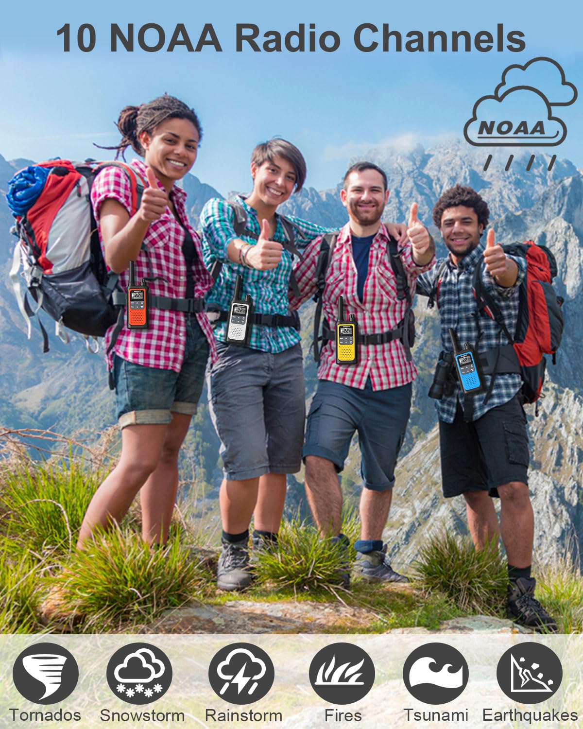 Long Range Walkie Talkies for Adults with NOAA Weather Alerts - Rechargeable 2-Way Radios, 22 Channels, 6 Pack, 1800mAh Li-ion Battery & USB-C Cable - Perfect for Hiking, Camping, and Outdoor Adventures