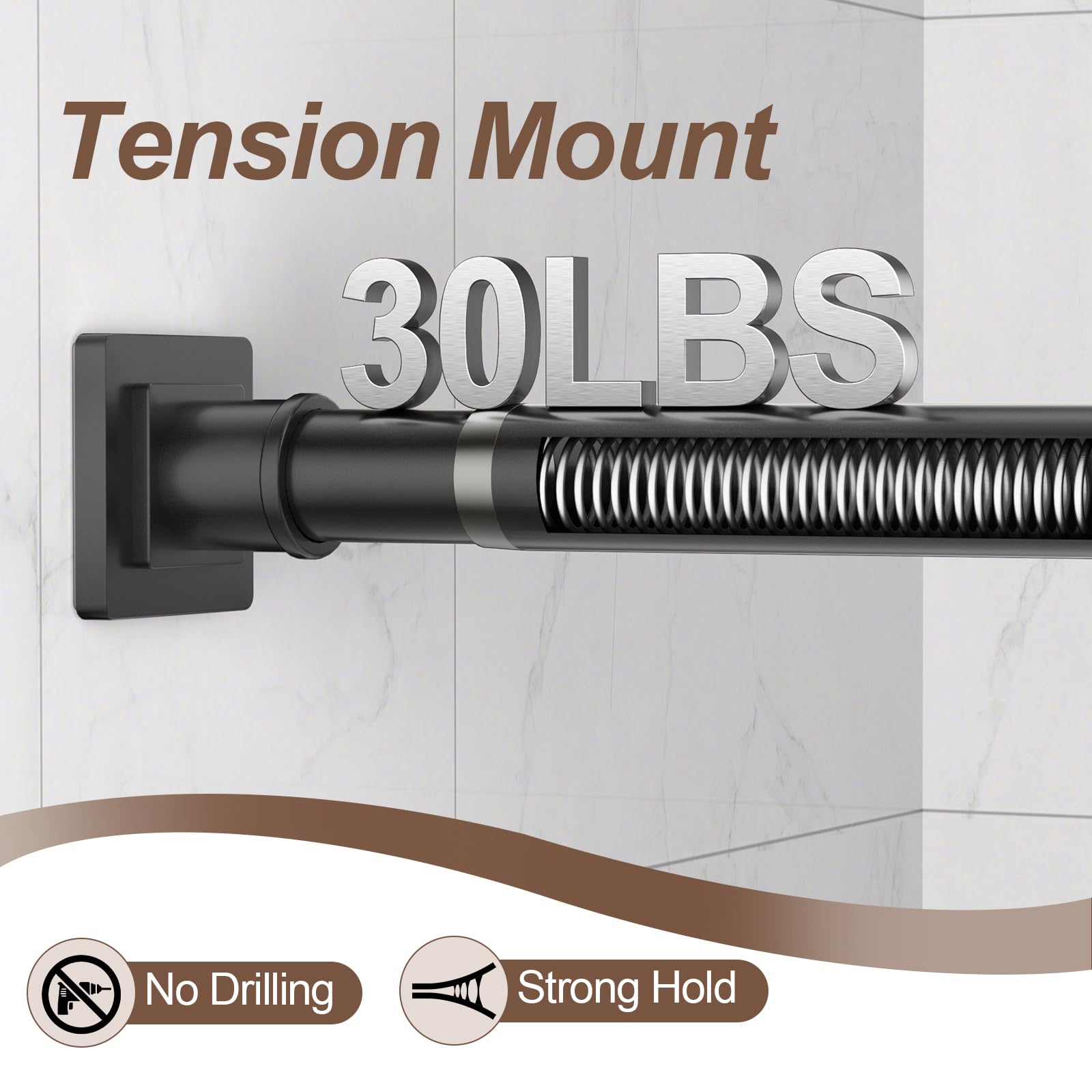 Adjustable No-Drill Shower Curtain Rod 32-80 Inch, Square End Matte Black Stainless Steel Shower Rod for Bathroom, RV, Closet - Perfect for Small Spaces & Rental Homes