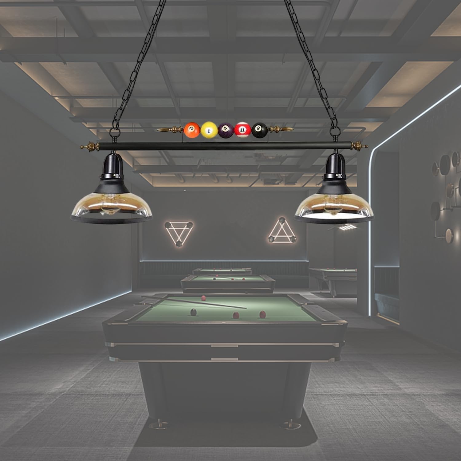 Modern Island Light Fixture - 2-Light Hanging Pool Table Lamp with Glass Shades & Billiard Ball Decor - Perfect for Game Rooms, Bars, and Billiard Halls