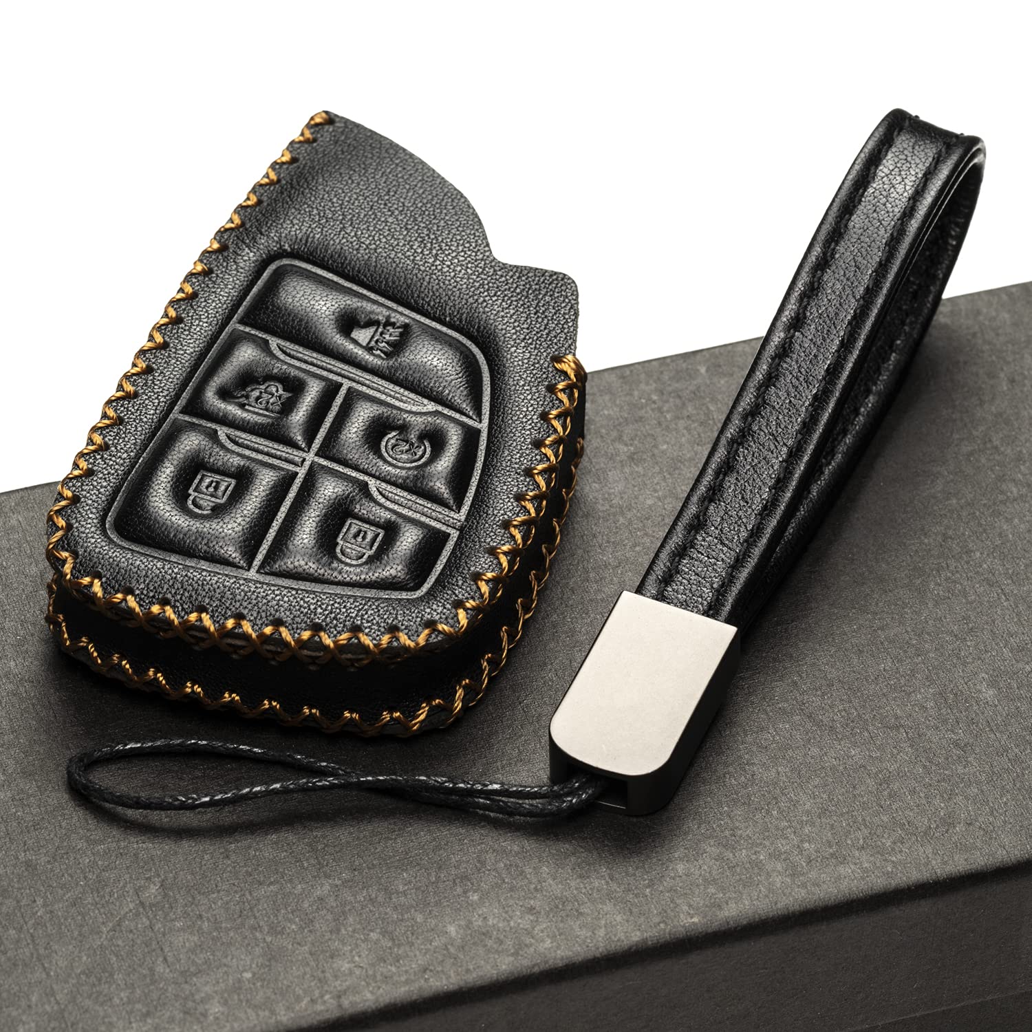 Genuine Leather Smart Key Fob Case with Key Strap - Compatible with Chevrolet Suburban & Tahoe 2025, Silverado 2025 (5-Button, Black) | Premium Protection for Car Keys | Perfect for Daily Use & Travel