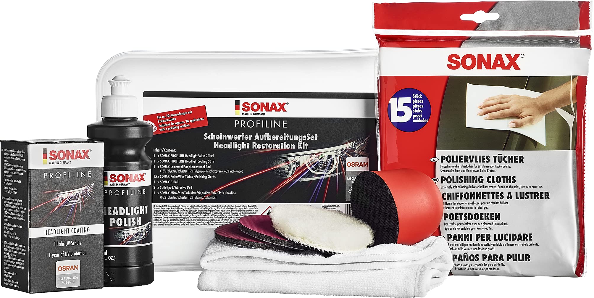 SONAX Profiline Headlight Restoration Kit - Restore Cloudy & Yellow Headlights to Like New | DIY Car Headlight Cleaner & Polish Kit for Cars, Trucks, SUVs | Perfect for Night Driving Safety & Vehicle Maintenance