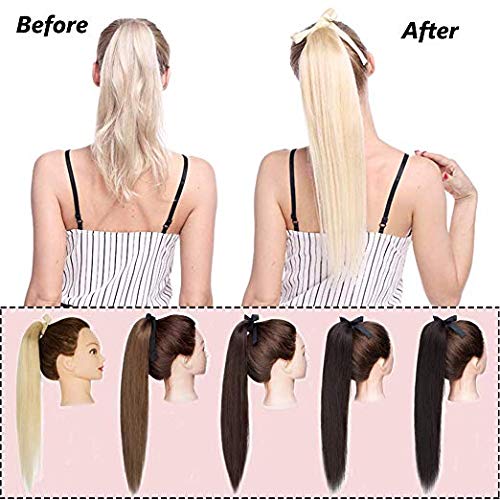 Maahal™ 20 Inch Long Straight Human Hair Ponytail Extensions for Women - Brown with Ribbon Binding & Comb Clip | Perfect for Parties, Weddings & Everyday Styling