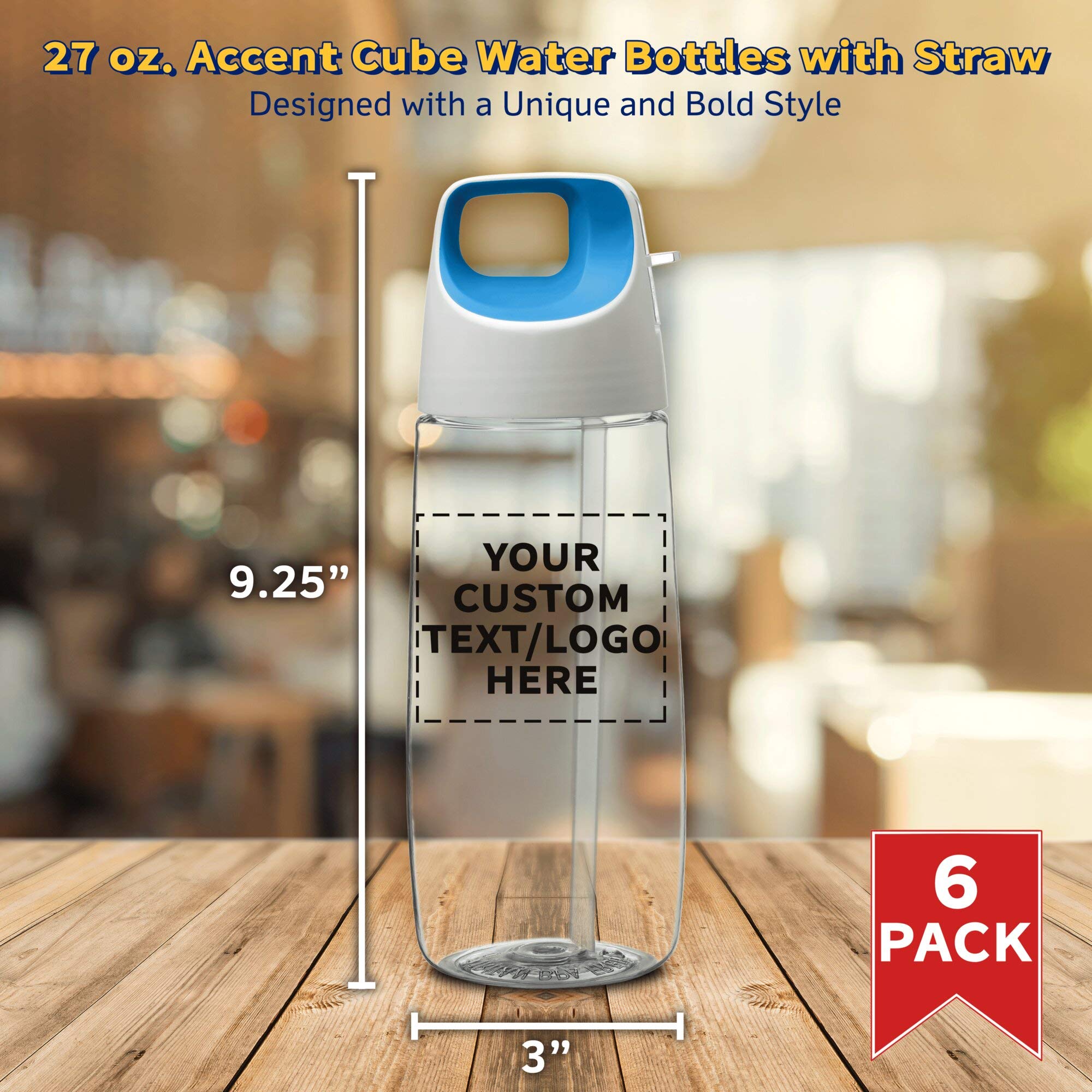 6 Pack 27 oz Plastic Water Bottles with Straw - Customizable Text & Logo - BPA-Free Tritan Material - Accent Cube Design - Perfect for Gym, School & Outdoor Activities