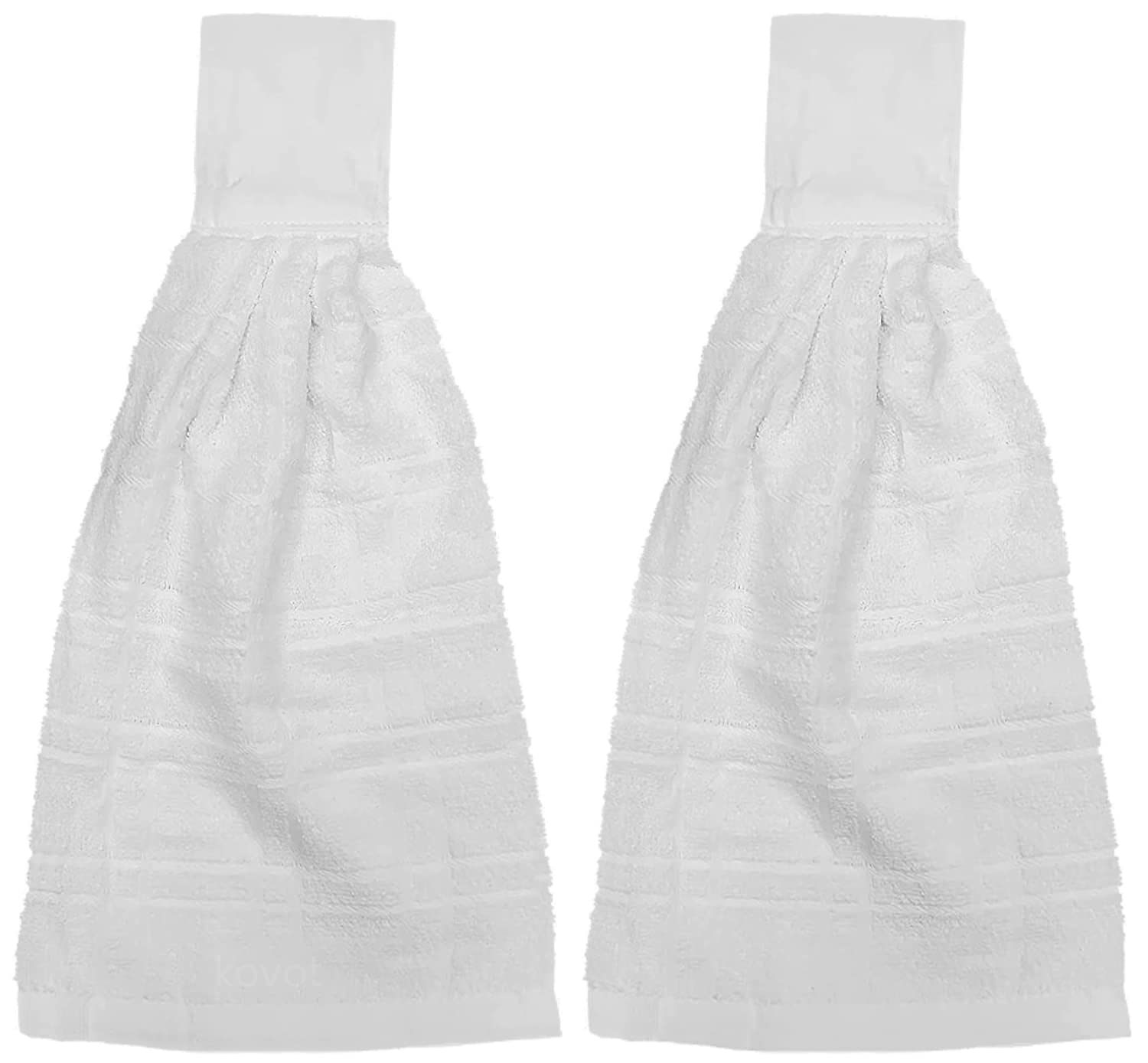 Kovot Set of 2 White Cotton Hanging Tie Towels with Hook & Loop Fasteners - Perfect for Kitchen, Bathroom, and Gym Use