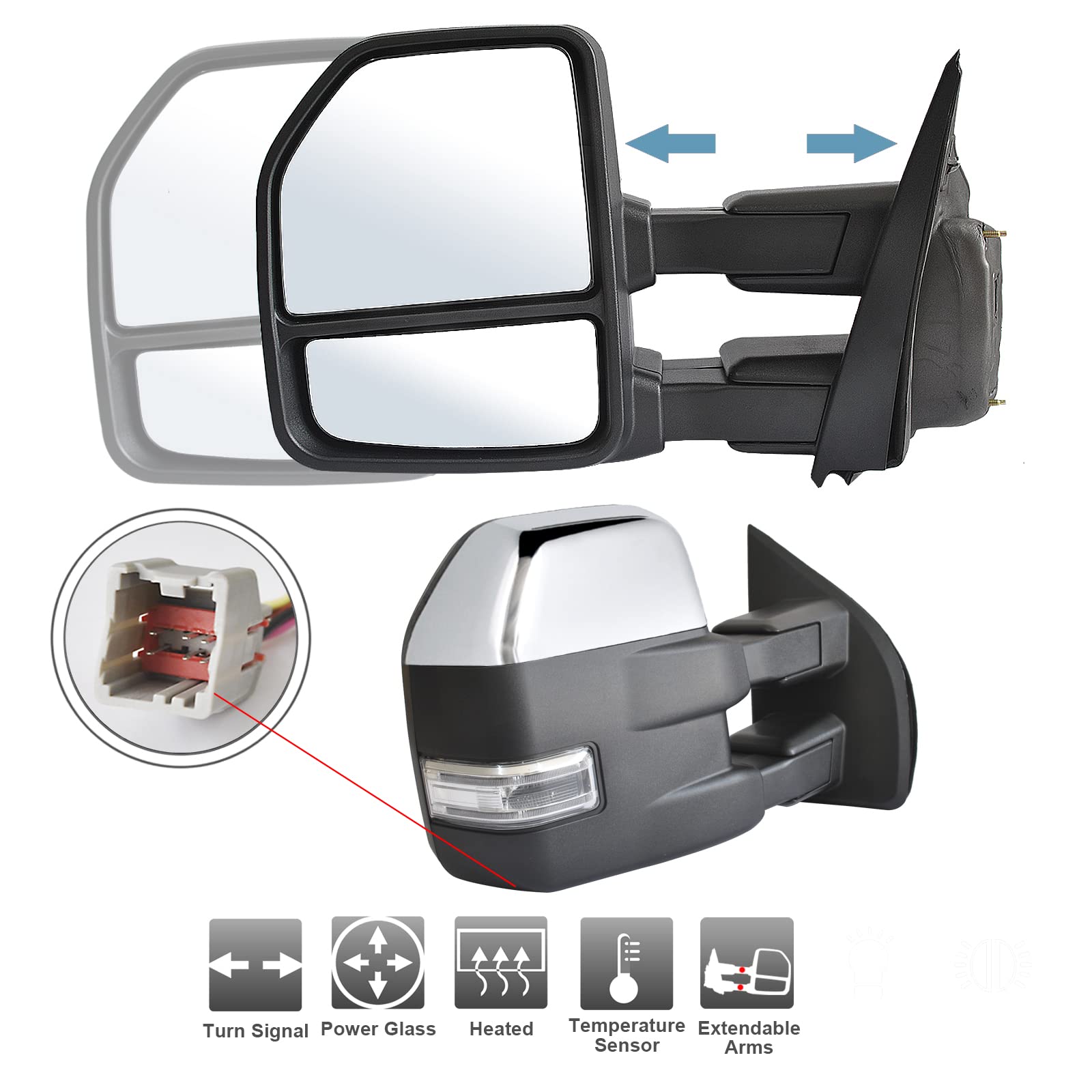 Heated Power Towing Mirrors for Ford F150 (2015-2020) - Chrome Cap, Turn Signal Lights & Temperature Sensor, 8-Pin Plug - Perfect for Towing Trailers, Campers & Heavy Loads