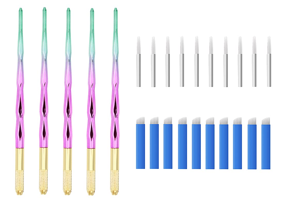 5PCS Microblading Eyebrow Tattoo Pens Kit for Permanent Makeup - Includes 10 Round & 10 Oblique Needles (Pink & Green) - Professional Eyebrow Styling & Semi-Permanent Makeup Tools for Salon & Home Use