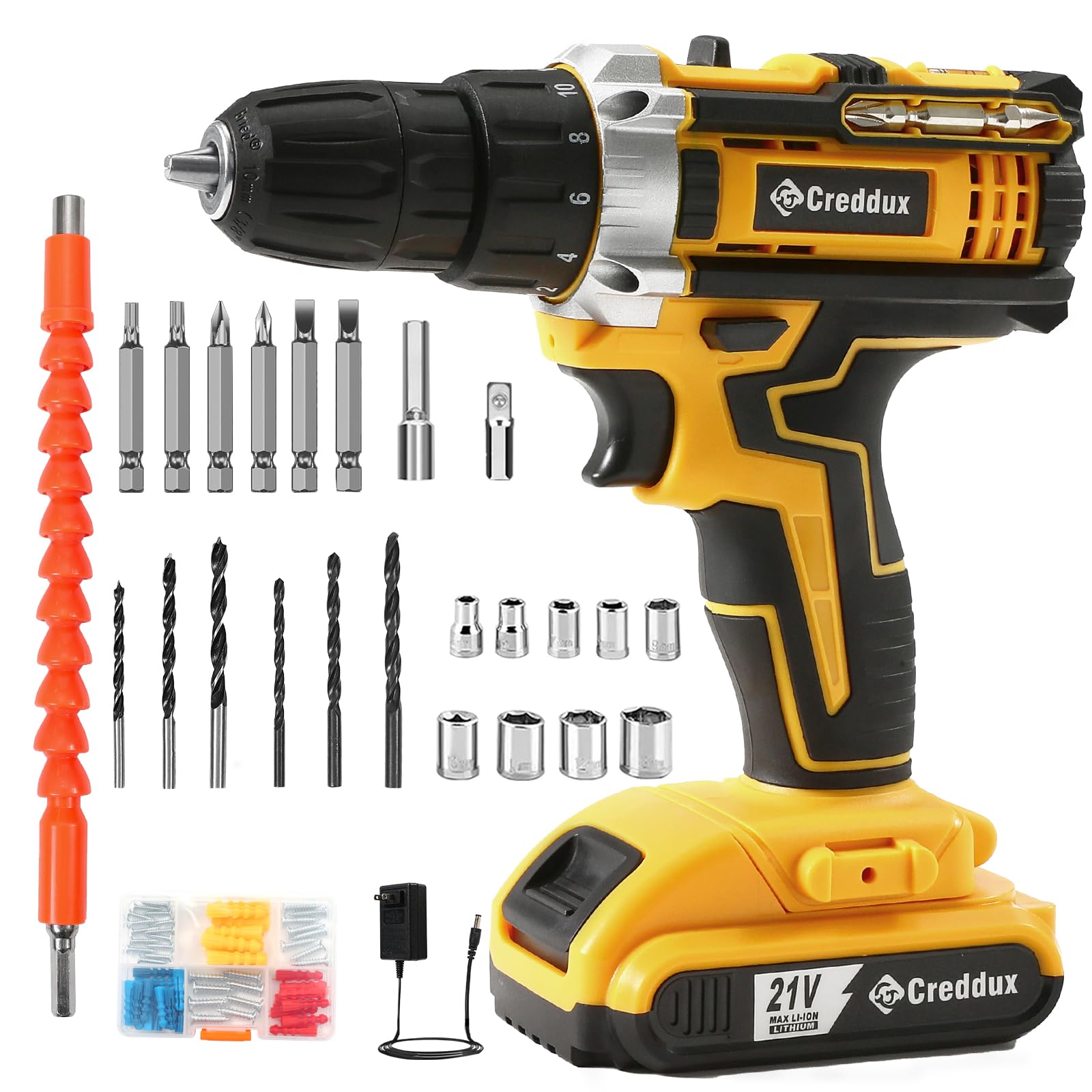 21V Cordless Drill Set with Battery & Charger - 84pc Accessories, Variable Speed, 3/8