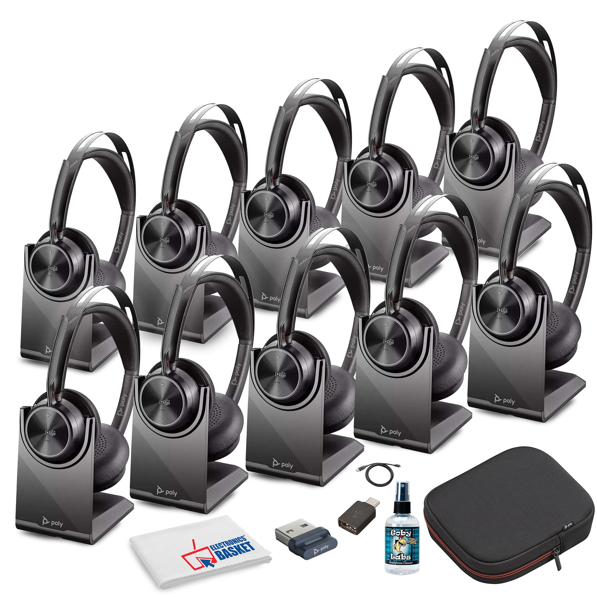 Poly Voyager Focus 2 UC Stereo Bluetooth Headset - Microsoft Teams Certified (77Y87AA) with Travel Pouch | Premium Noise Cancelling Headphones for Office, Remote Work & Video Conferencing | Bundle Includes Goby Labs Headphone Cleaner & Fiber Cloth