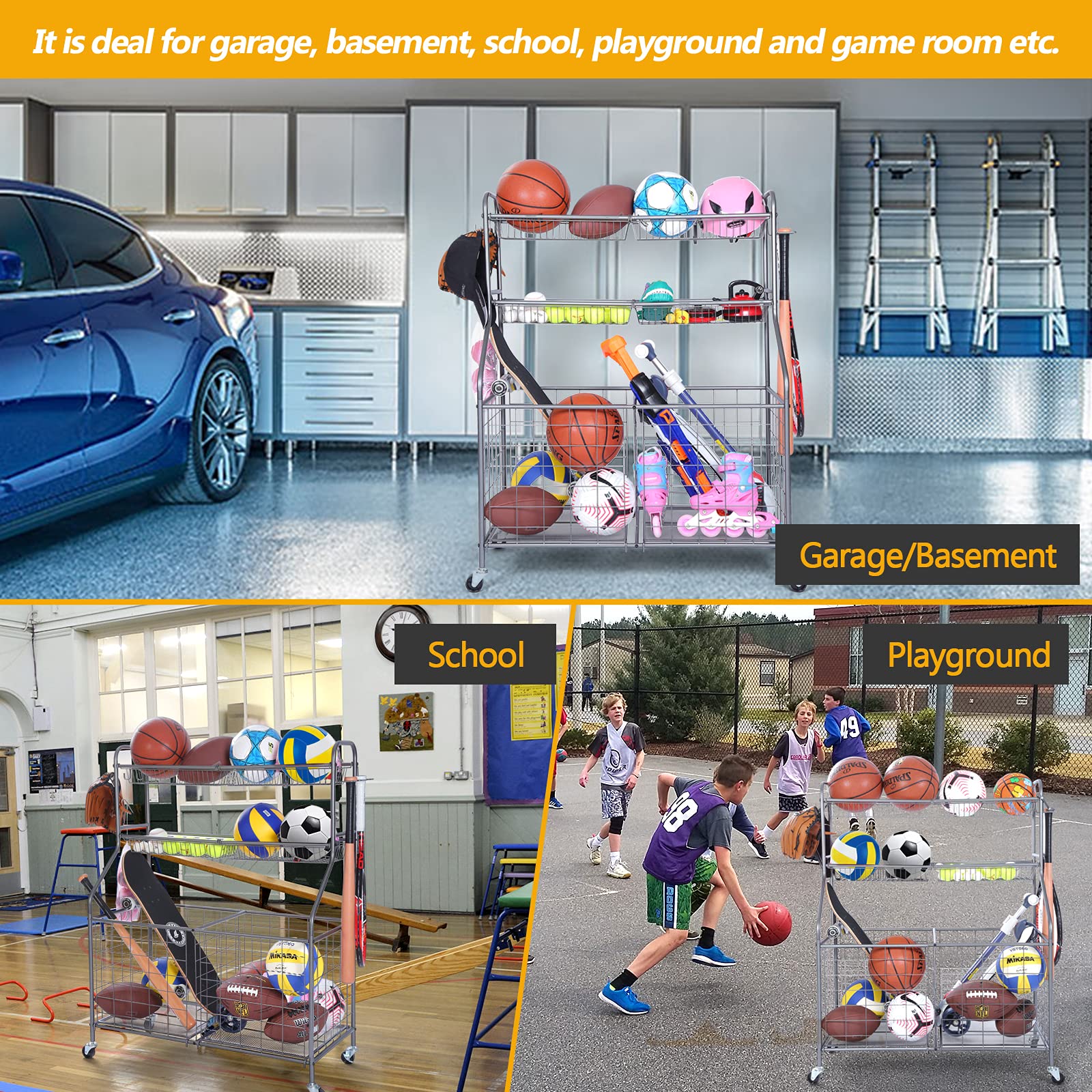 Kinghouse Heavy-Duty Steel Garage Sports Equipment Organizer - Ball Storage Rack & Toy Organizer with Wheels for Nerf Guns, Basketballs, Soccer Balls - Perfect for Garage, Playroom & School Organization (Grey)