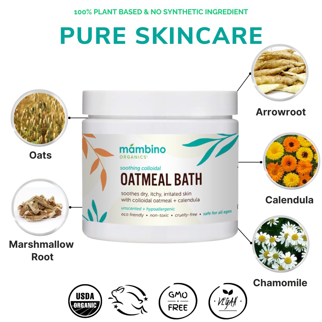 Mambino Organics Soothing Bath Treatment with 100% Natural Colloidal Oatmeal - Relieves Dry & Itchy Skin - 4 Ounce (3-Pack) - Perfect for Eczema, Psoriasis & Sensitive Skin Care