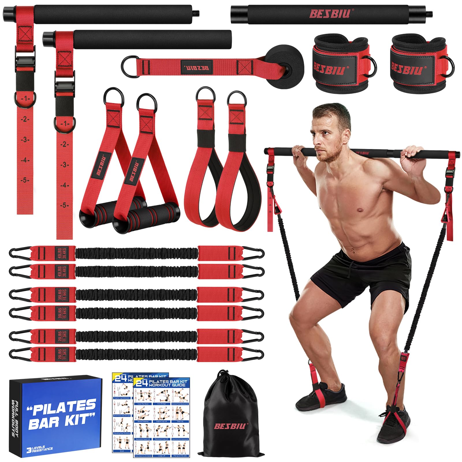 Premium Pilates Bar Kit with 210lbs Resistance Bands - Home Gym Equipment for Full Body Workout | Includes Handles for Men & Women | Perfect for Strength Training, Yoga, and Fitness Routines at Home or Studio